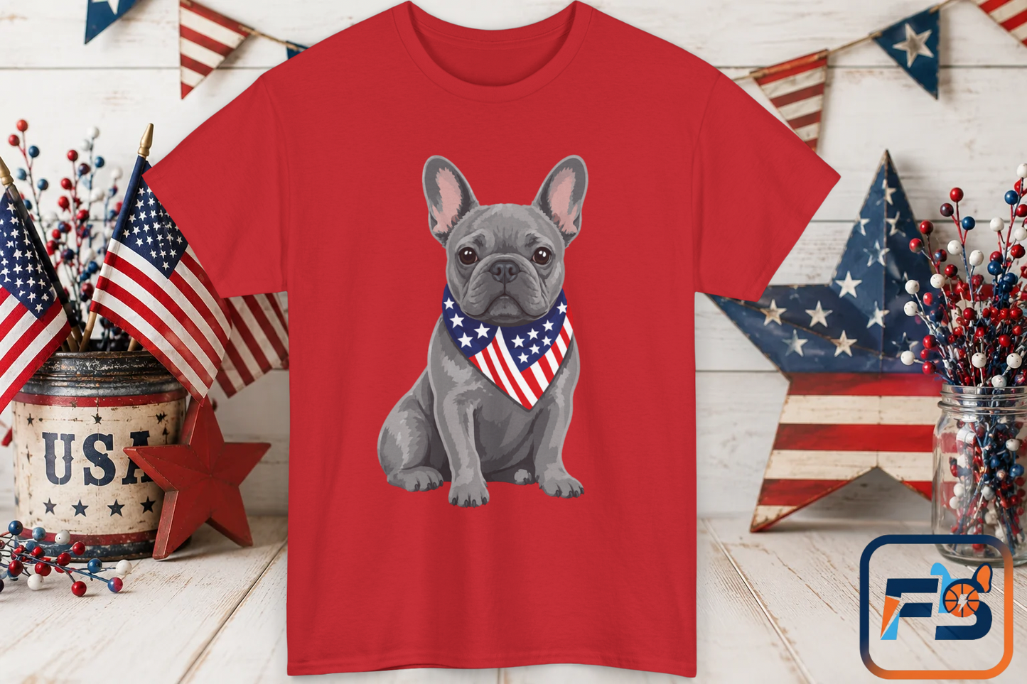 Patriotic French Bulldog Shirt, Blue Frenchie American Flag Bandana Tee, Fourth of July Dog Lover Shirt, USA French Bulldog Gift