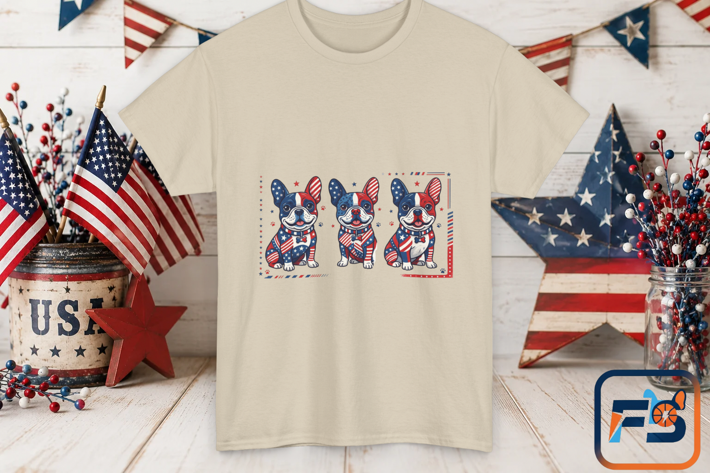 Patriotic French Bulldog Shirt, American Flag Frenchie Trio Tee, Fourth of July Dog Lover Shirt, USA French Bulldog Gift, Frenchie Mom Shirt