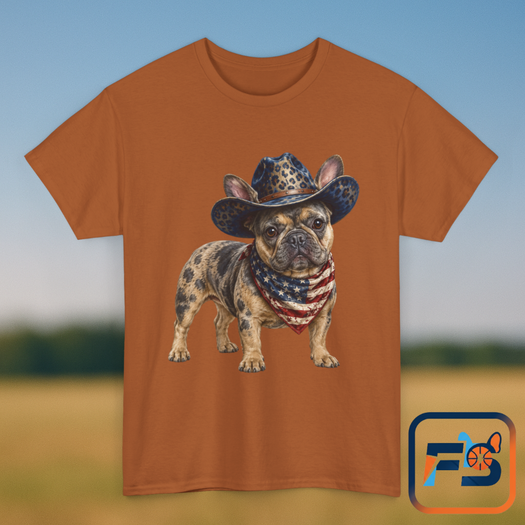 Patriotic Merle French Bulldog Shirt, Cowboy Frenchie Tee, American Flag Bandana Dog Shirt, Fourth of July French Bulldog Gift