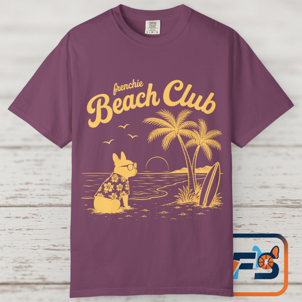 Frenchie Beach Club T-Shirt — Cute French Bulldog Surfing Palm Beach Tee