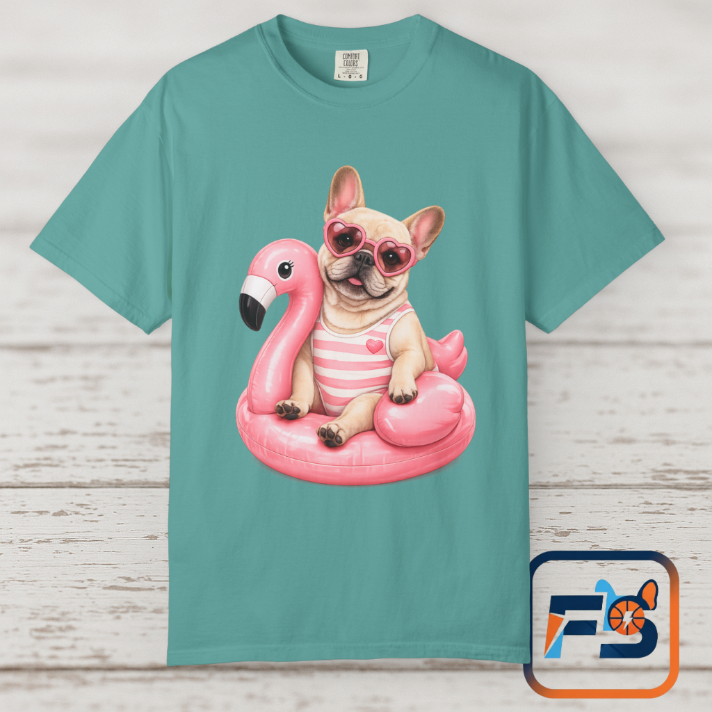 French Bulldog on Pink Flamingo Float T-Shirt — Cute Summer Dog Tee