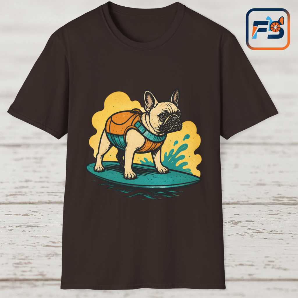 French Bulldog Surf T‑Shirt — Cute Dog with Backpack Beach Tee