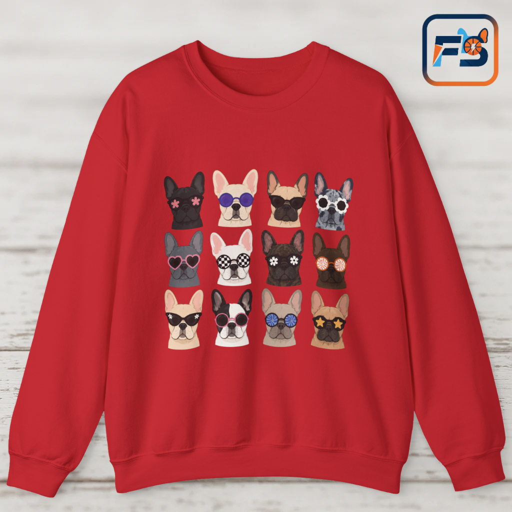 French Bulldog Faces Crewneck Sweatshirt – Cute Sunglasses Dogs Graphic