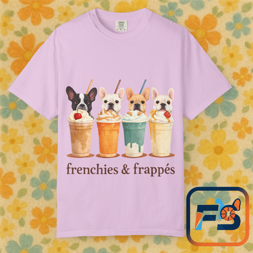 Frenchies & Frappés Shirt, French Bulldog Coffee Shirt, Cute Frenchie Café Tee, Coffee Lover Dog Shirt, Dog Mom Gift, French Bulldog Graphic Tee