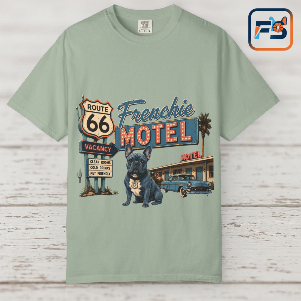 Route 66 Frenchie Motel Shirt, French Bulldog Retro Travel Tee, Vintage Road Trip Shirt, Dog Lover Graphic Tee, Route 66 Dog Shirt, Frenchie Motel T-Shirt, Retro Americana Gift