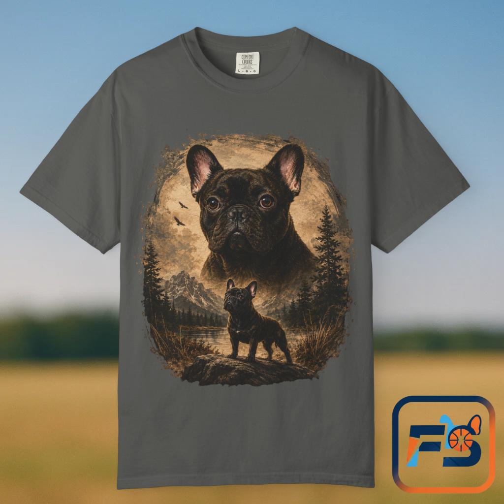 Black French Bulldog Shirt, Vintage Frenchie Nature Tee, Rustic French Bulldog Shirt, Dog Lover Gift, Frenchie Mountain Landscape Tee, Outdoors Dog Shirt, French Bulldog Art