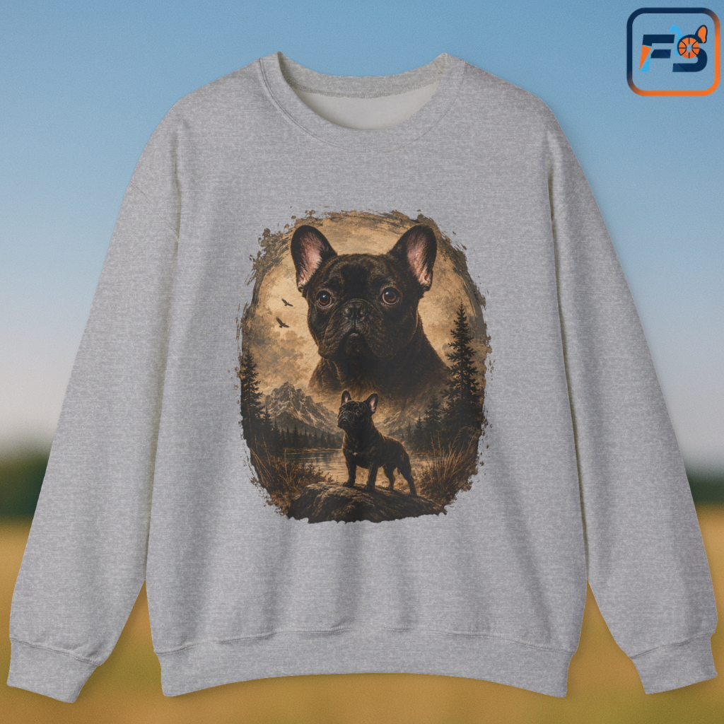 Black French Bulldog Sweatshirt, Rustic Frenchie Crewneck, Vintage Nature French Bulldog Sweatshirt, Dog Lover Gift, Black Frenchie Pullover, Camping Sweatshirt, Cozy Dog Apparel
