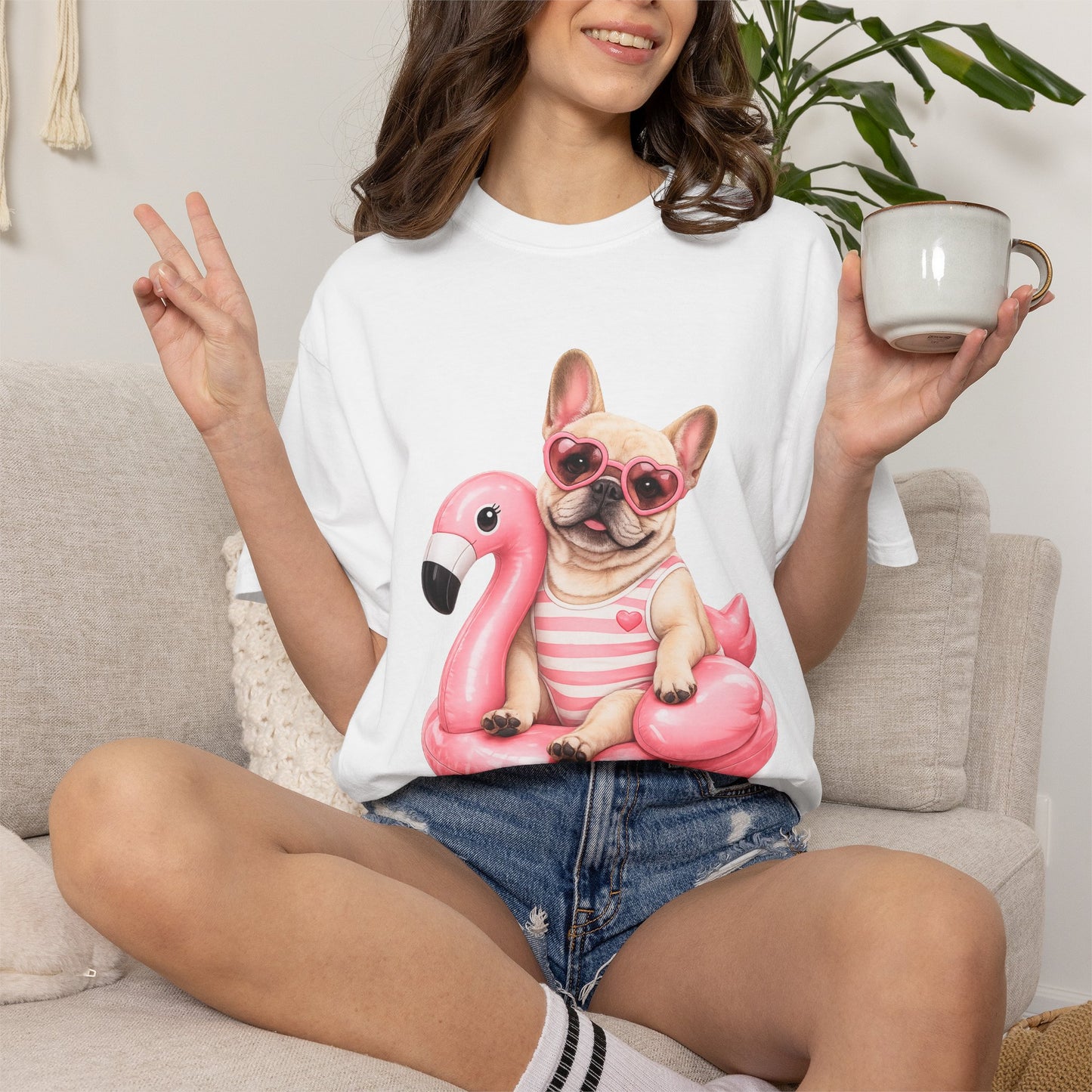 French Bulldog on Pink Flamingo Float T-Shirt — Cute Summer Dog Tee