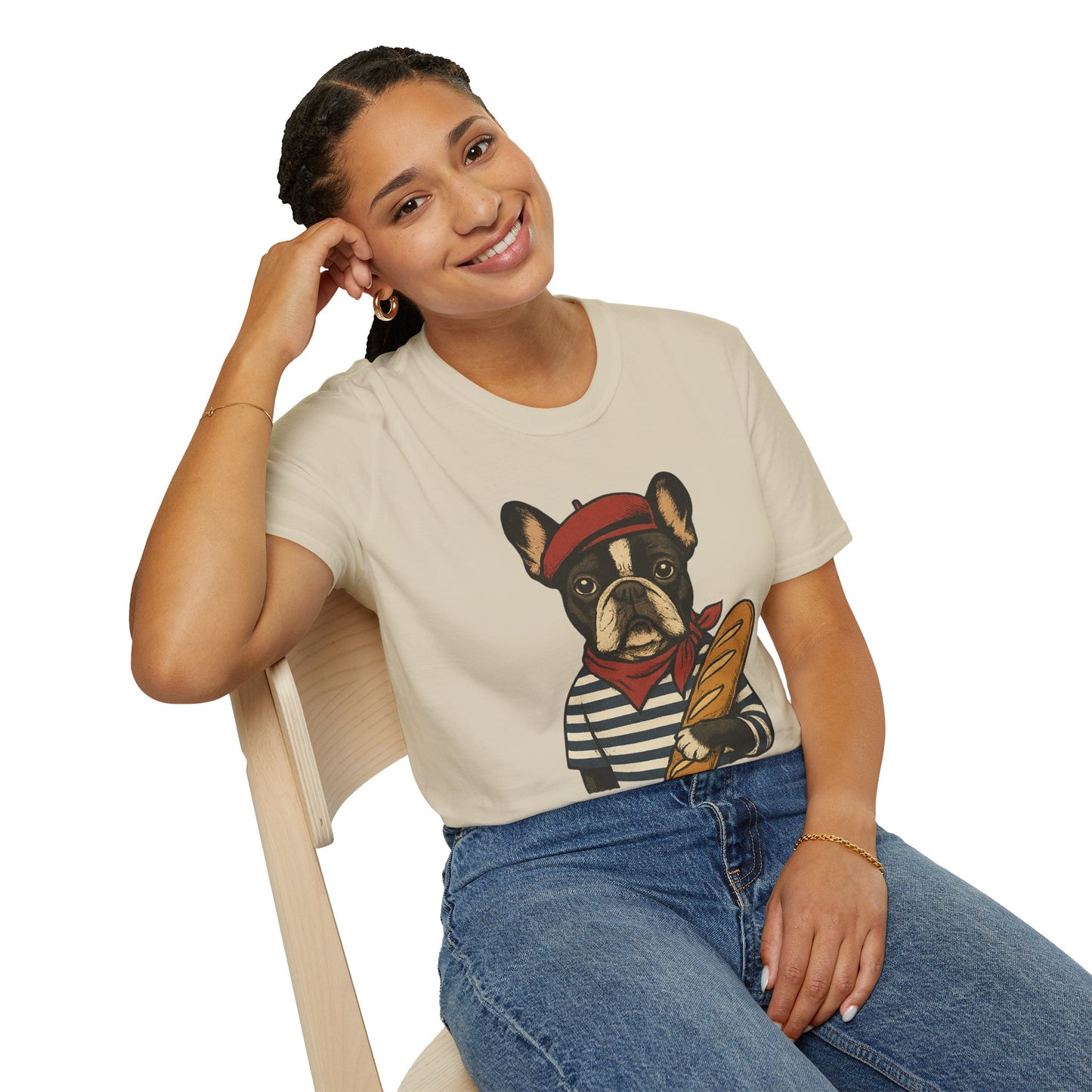 French Bulldog Parisian T-Shirt – Cute Frenchie in Beret & Stripes with Baguette – Funny Dog Lover Tee, French Style Dog Shirt, Gift for Frenchie Moms