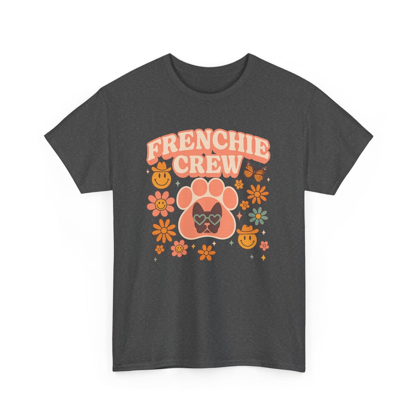 Frenchie Crew T-Shirt | Retro 70s Floral French Bulldog Tee | Groovy Dog Mom Shirt | Frenchie Lover Gift | Vintage Aesthetic Graphic Tee