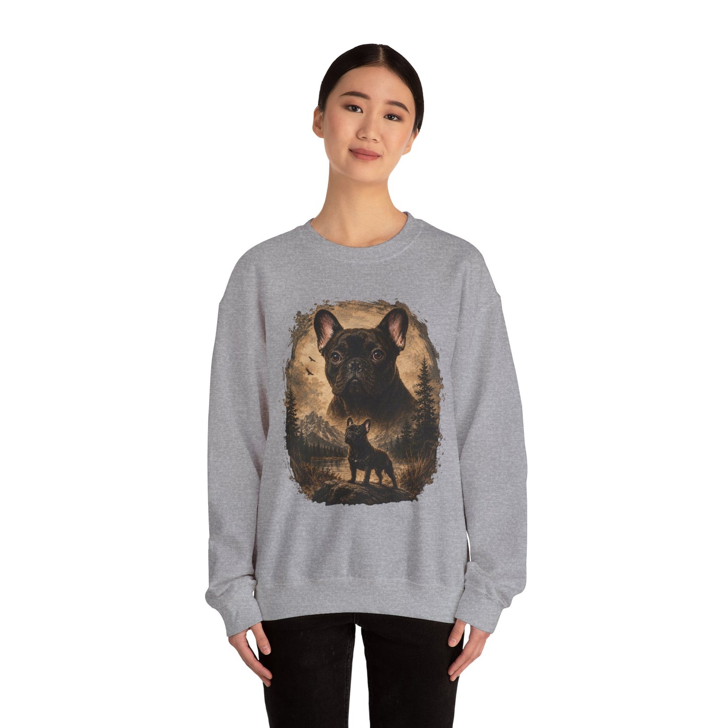 Black French Bulldog Sweatshirt, Rustic Frenchie Crewneck, Vintage Nature French Bulldog Sweatshirt, Dog Lover Gift, Black Frenchie Pullover, Camping Sweatshirt, Cozy Dog Apparel