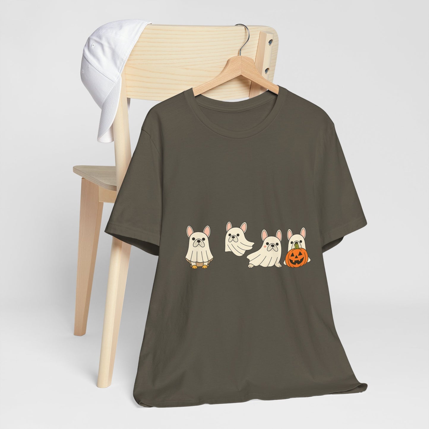 Frenchie Ghost Halloween T-Shirt | Cute French Bulldog Graphic Tee | Funny Dog Lover Spooky Season Shirt | Pumpkin Ghost Frenchie Tee