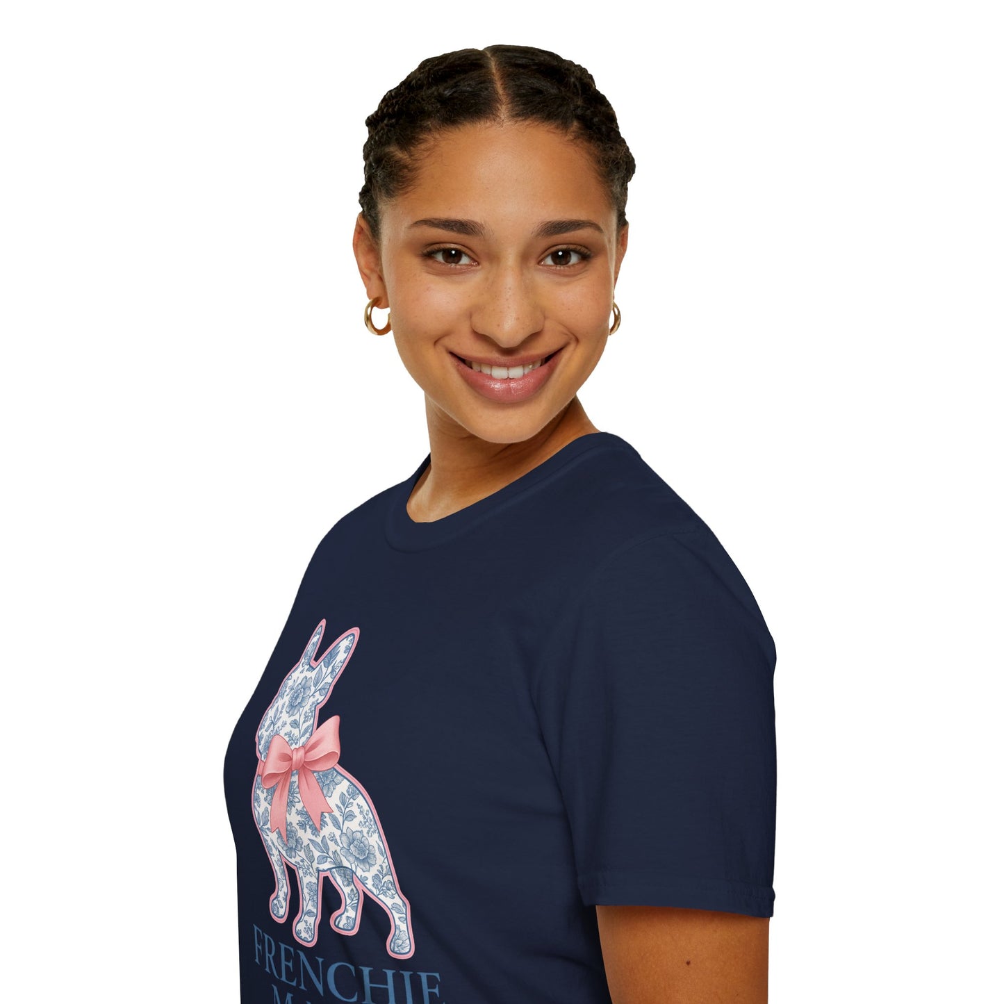 Frenchie Mama Shirt – Floral French Bulldog Silhouette Tee with Pink Bow, Dog Mom Gift, Cute Frenchie Lover T-Shirt, Pastel Dog Mom Apparel