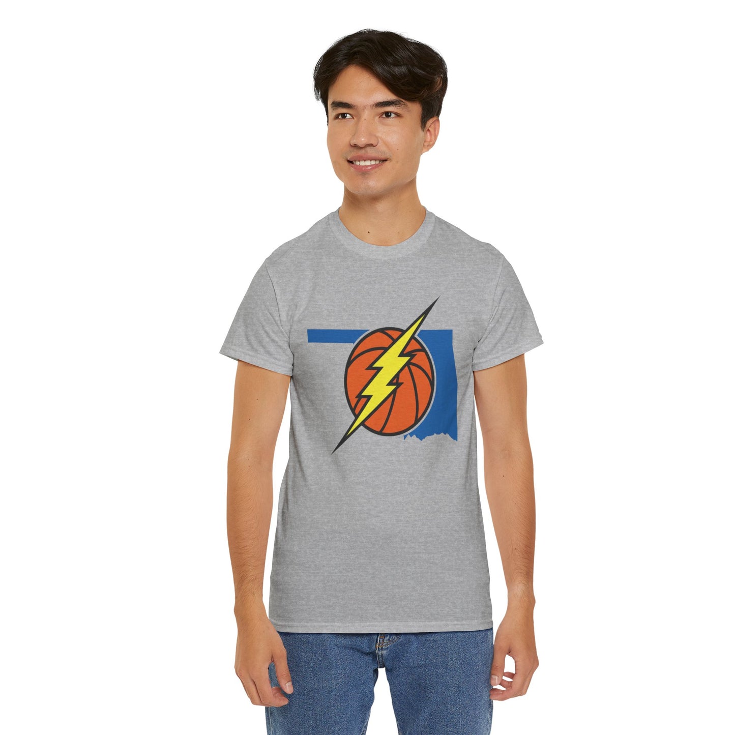 Oklahoma Lightning Basketball T-Shirt | OKC Basketball Inspired Shirt | Blue & Orange Game Day Tee | Oklahoma State Outline Graphic