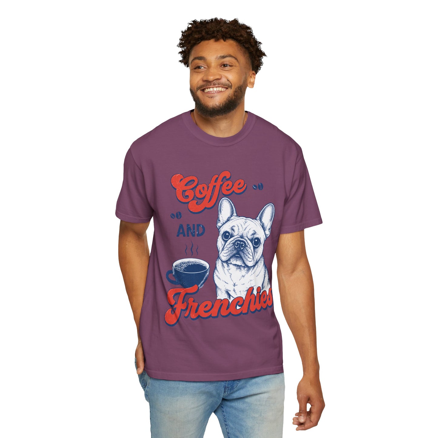 Coffee and Frenchies Shirt, French Bulldog Coffee Tee, Frenchie Lover T-Shirt, Dog Mom Coffee Shirt, Cute French Bulldog Graphic Tee, Coffee Lover Gift