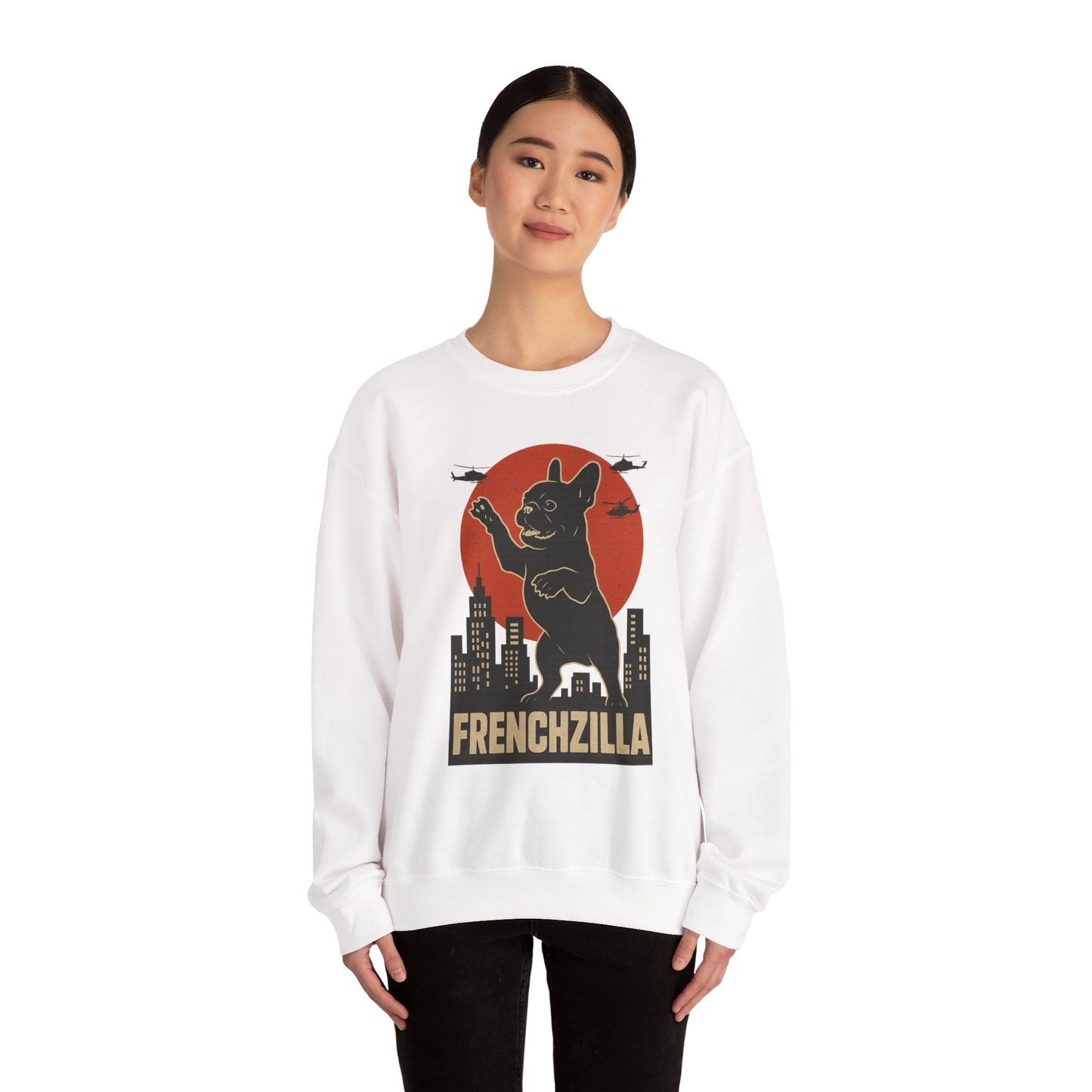 French Bulldogzilla Sweatshirt | Godzilla Inspired French Bulldog Graphic Tee | Retro Japanese Movie Style Dog Lover Shirt | Funny Frenchie Gift