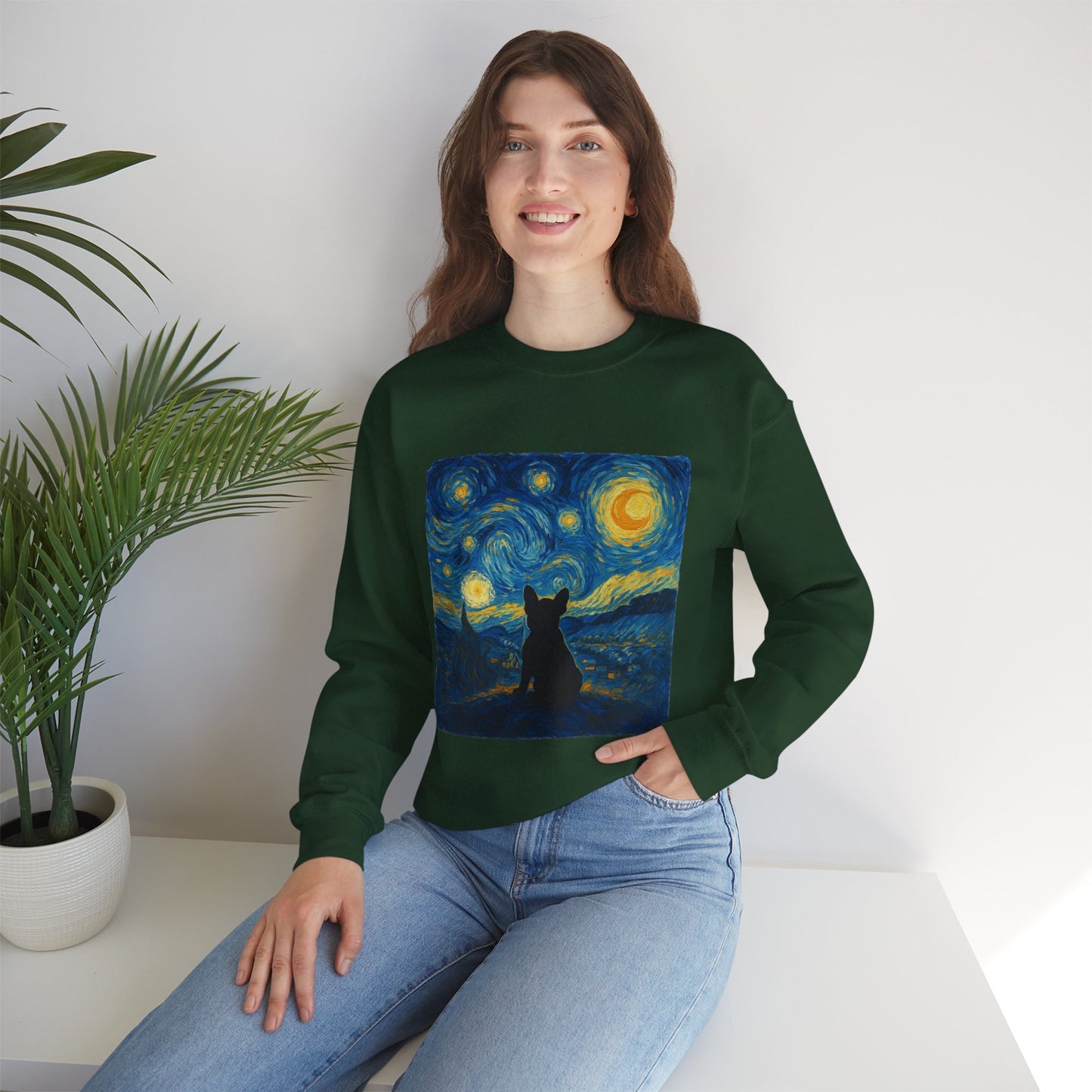 Starry Night Frenchie Sweatshirt – Van Gogh Inspired French Bulldog Art Crewneck, Cozy Dog Lover Gift, Retro Frenchie Sweater
