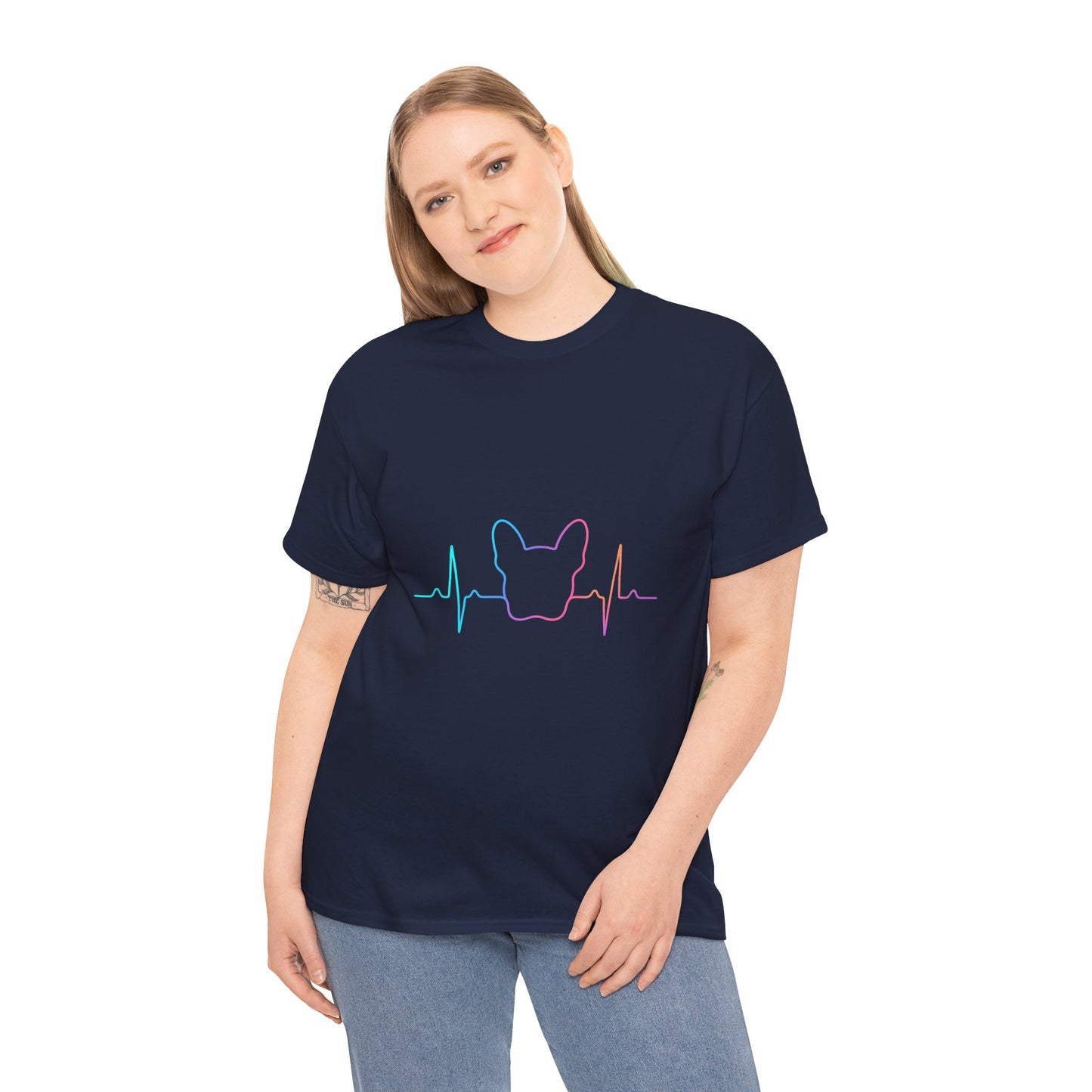 Rainbow Frenchie Heartbeat T-Shirt – Minimalist French Bulldog Line Art Tee, Neon Dog Lover Gift, Pet Mom or Dad Shirt