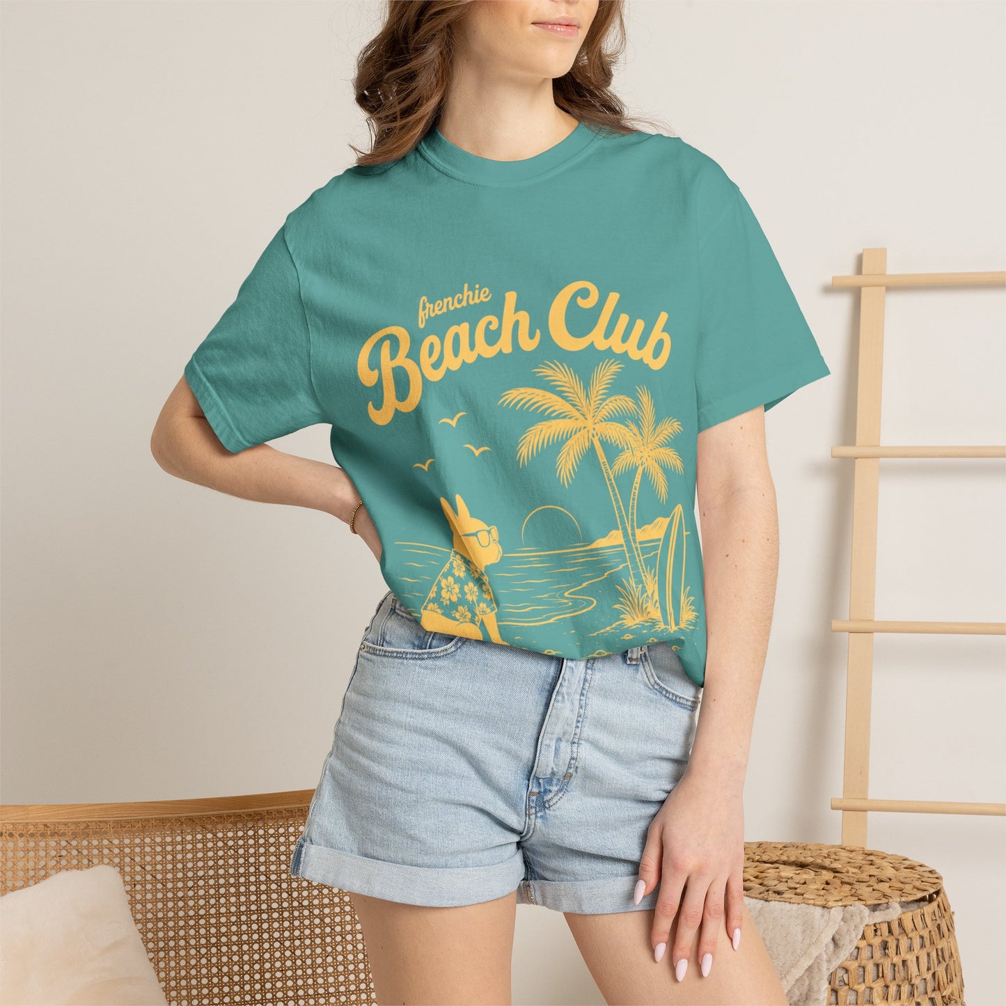 Frenchie Beach Club T-Shirt — Cute French Bulldog Surfing Palm Beach Tee