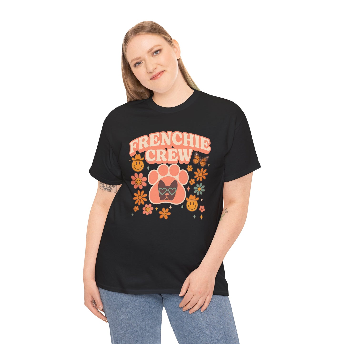 Frenchie Crew T-Shirt | Retro 70s Floral French Bulldog Tee | Groovy Dog Mom Shirt | Frenchie Lover Gift | Vintage Aesthetic Graphic Tee