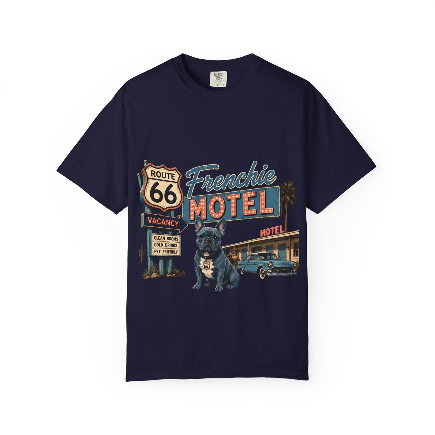 Route 66 Frenchie Motel Shirt, French Bulldog Retro Travel Tee, Vintage Road Trip Shirt, Dog Lover Graphic Tee, Route 66 Dog Shirt, Frenchie Motel T-Shirt, Retro Americana Gift