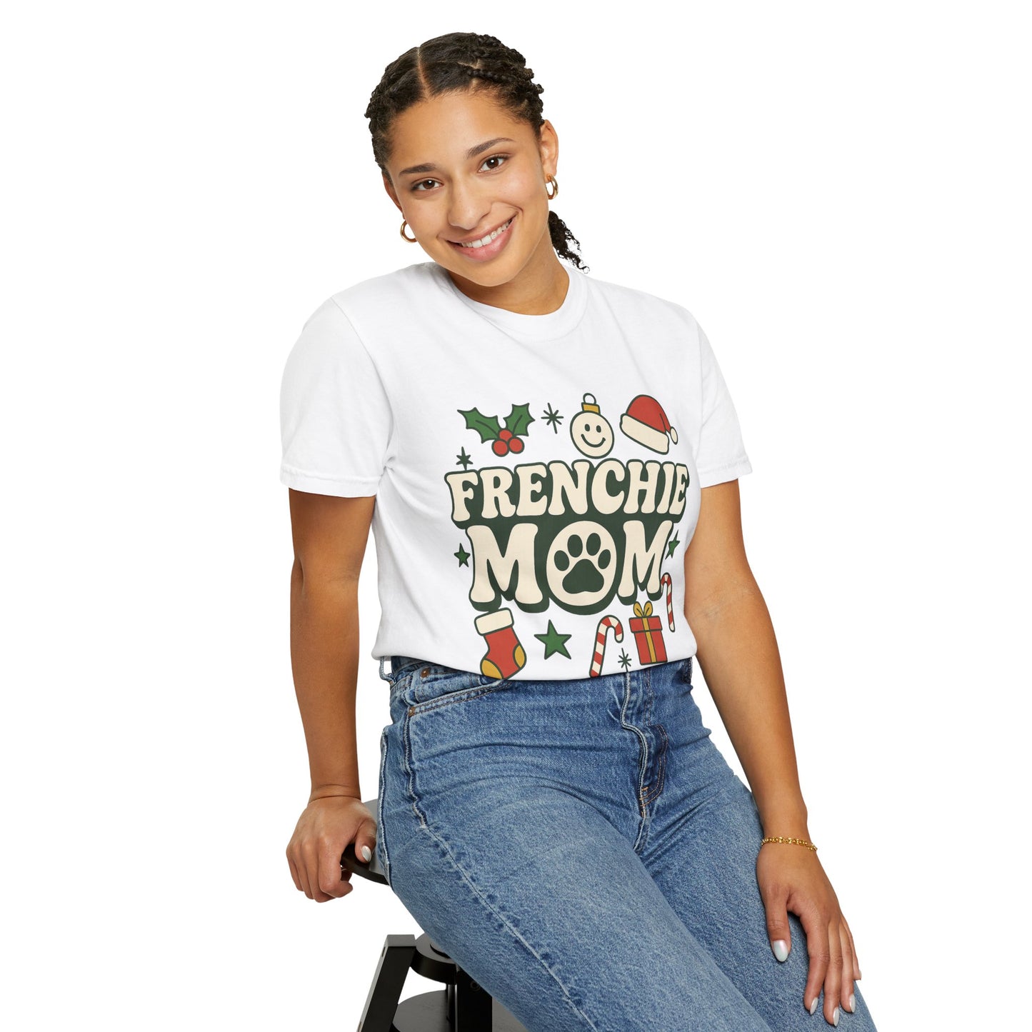Merry Frenchie Mom T-Shirt | Christmas Dog Mom Tee | Festive French Bulldog Top | Cute Holiday Dog Lover Gift Shirt