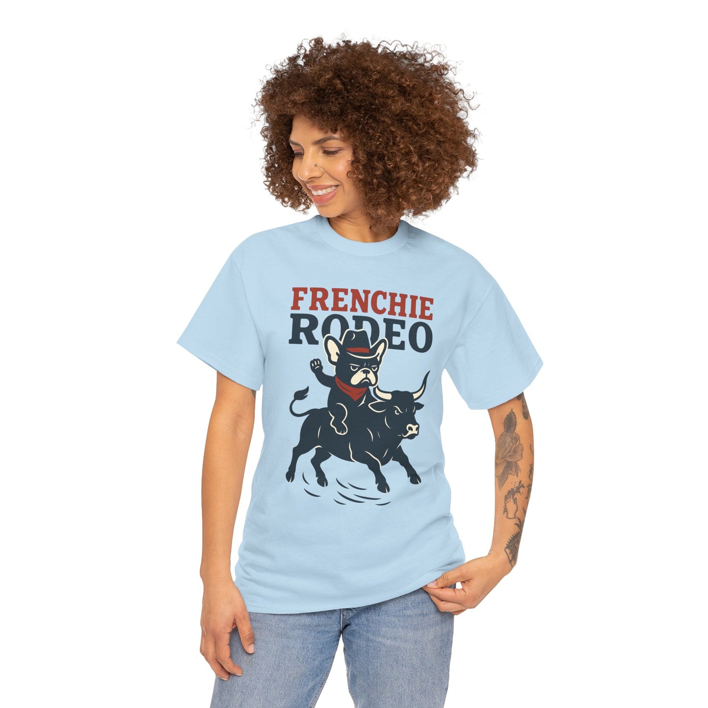 Frenchie Rodeo T-Shirt | Cowboy French Bulldog Graphic Tee | Funny Western Dog Lover Shirt | Frenchie Bull Rider Gift | Rodeo Style Tee
