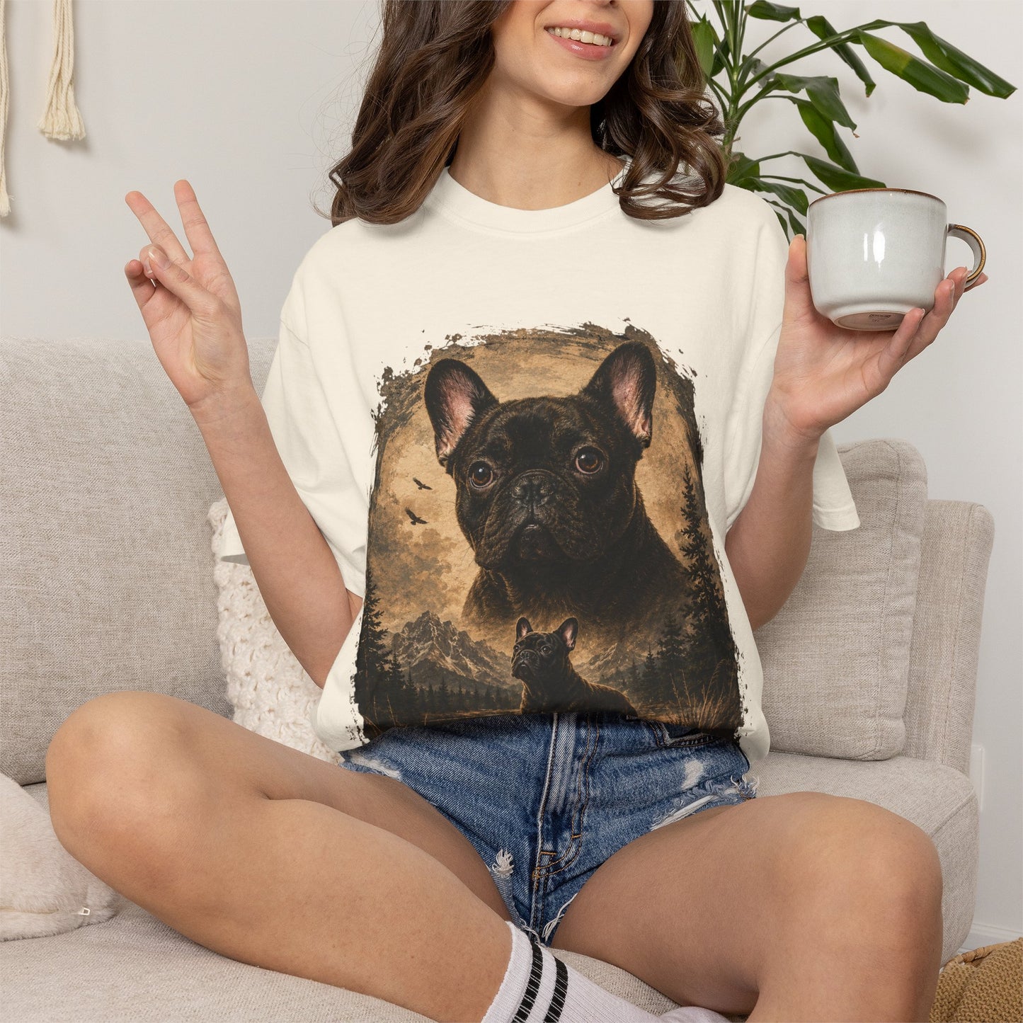 Black French Bulldog Shirt, Vintage Frenchie Nature Tee, Rustic French Bulldog Shirt, Dog Lover Gift, Frenchie Mountain Landscape Tee, Outdoors Dog Shirt, French Bulldog Art