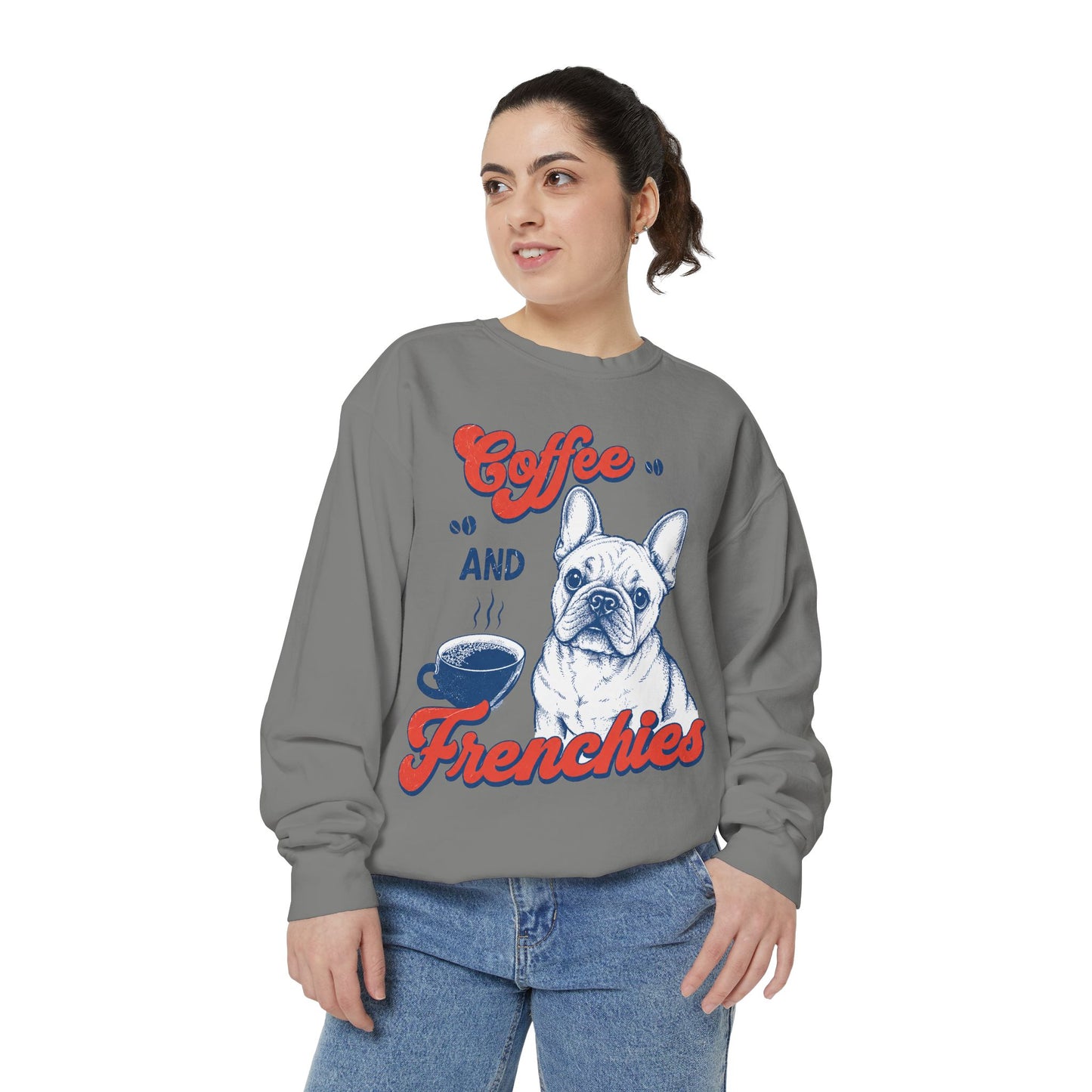 Coffee and Frenchies Sweatshirt, French Bulldog Coffee Crewneck, Frenchie Lover Pullover, Dog Mom Sweatshirt, Coffee Lover Gift, Cozy French Bulldog Sweatshirt
