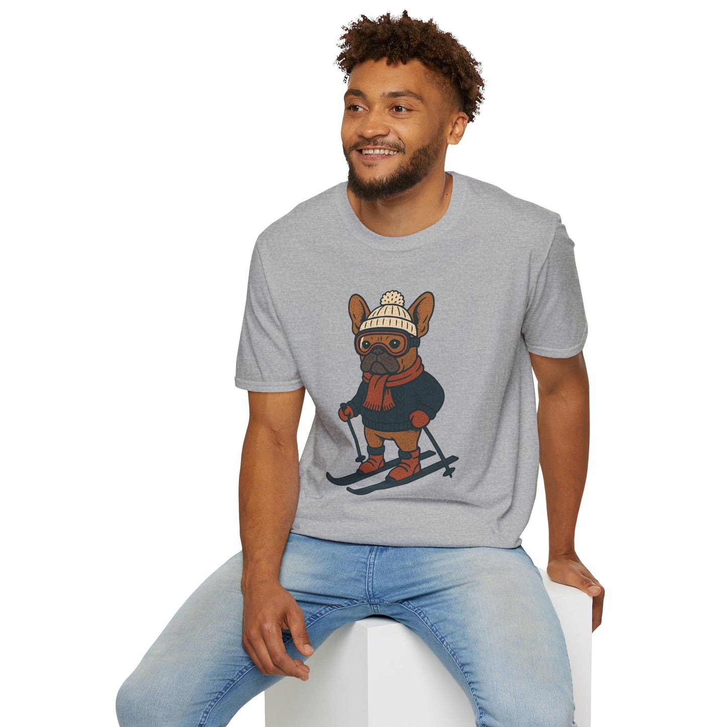 French Bulldog Skiing T-Shirt, Winter Frenchie Shirt, Ski Dog Graphic Tee, Cute Snow Dog Gift, Funny Frenchie Lover Shirt, Skiing Pup Tee