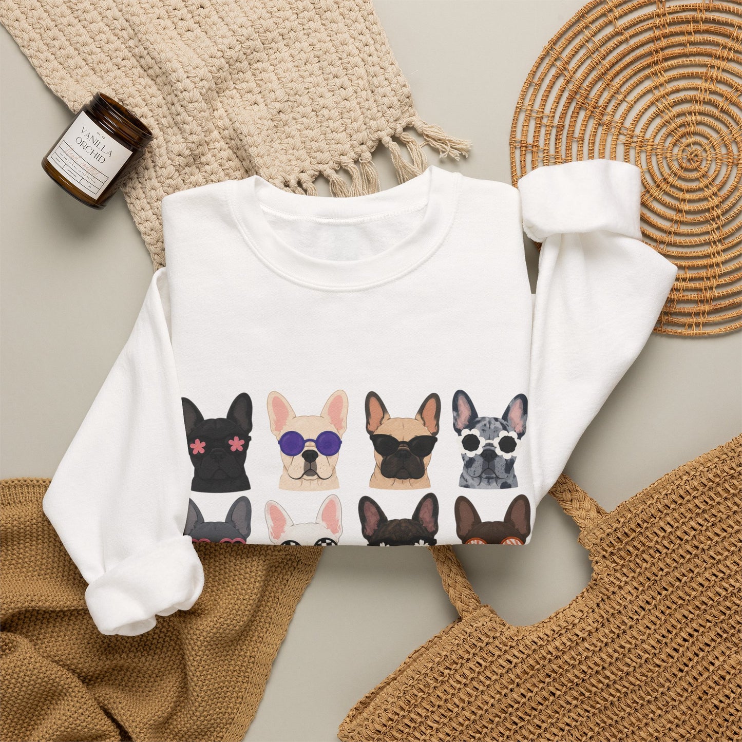French Bulldog Faces Crewneck Sweatshirt – Cute Sunglasses Dogs Graphic