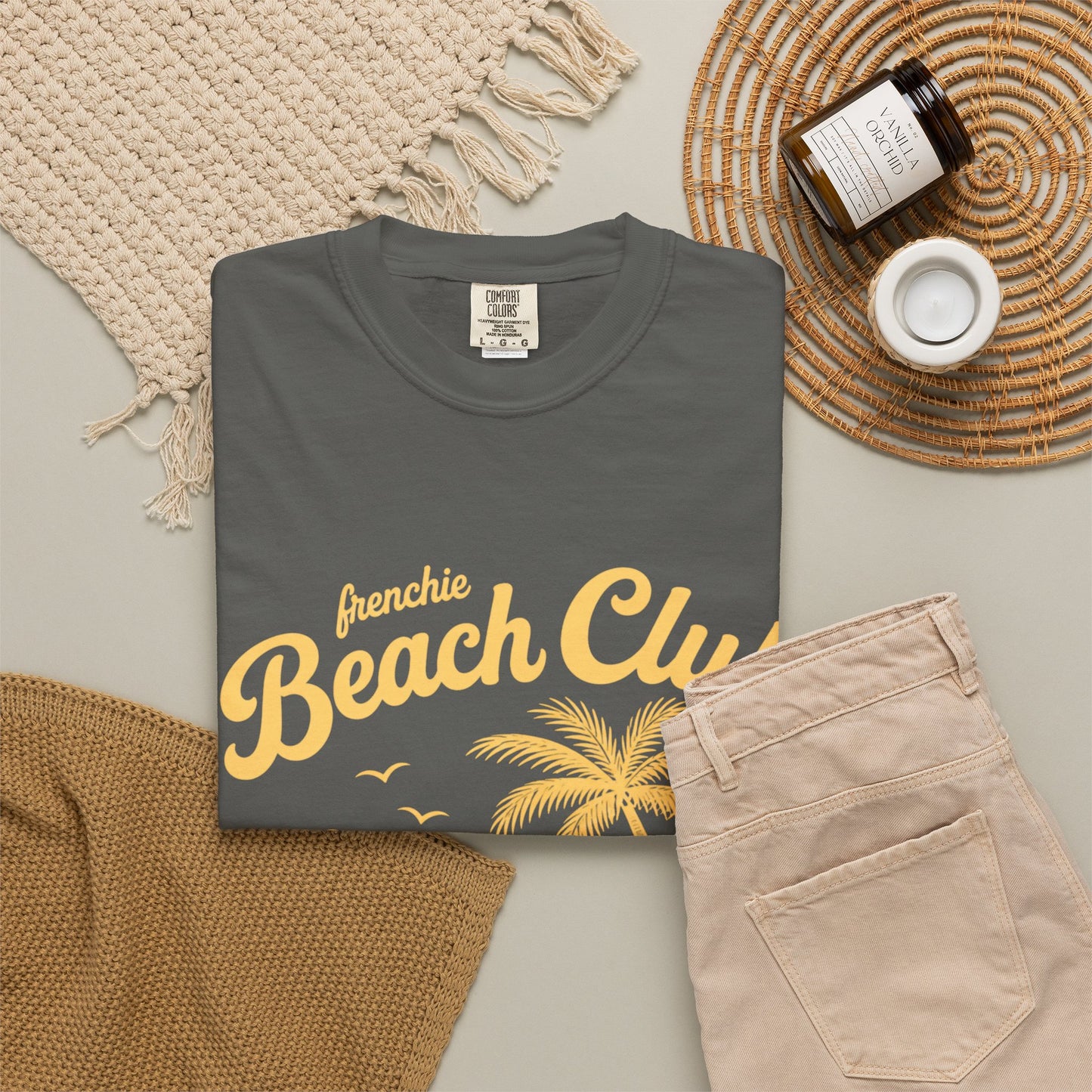 Frenchie Beach Club T-Shirt — Cute French Bulldog Surfing Palm Beach Tee