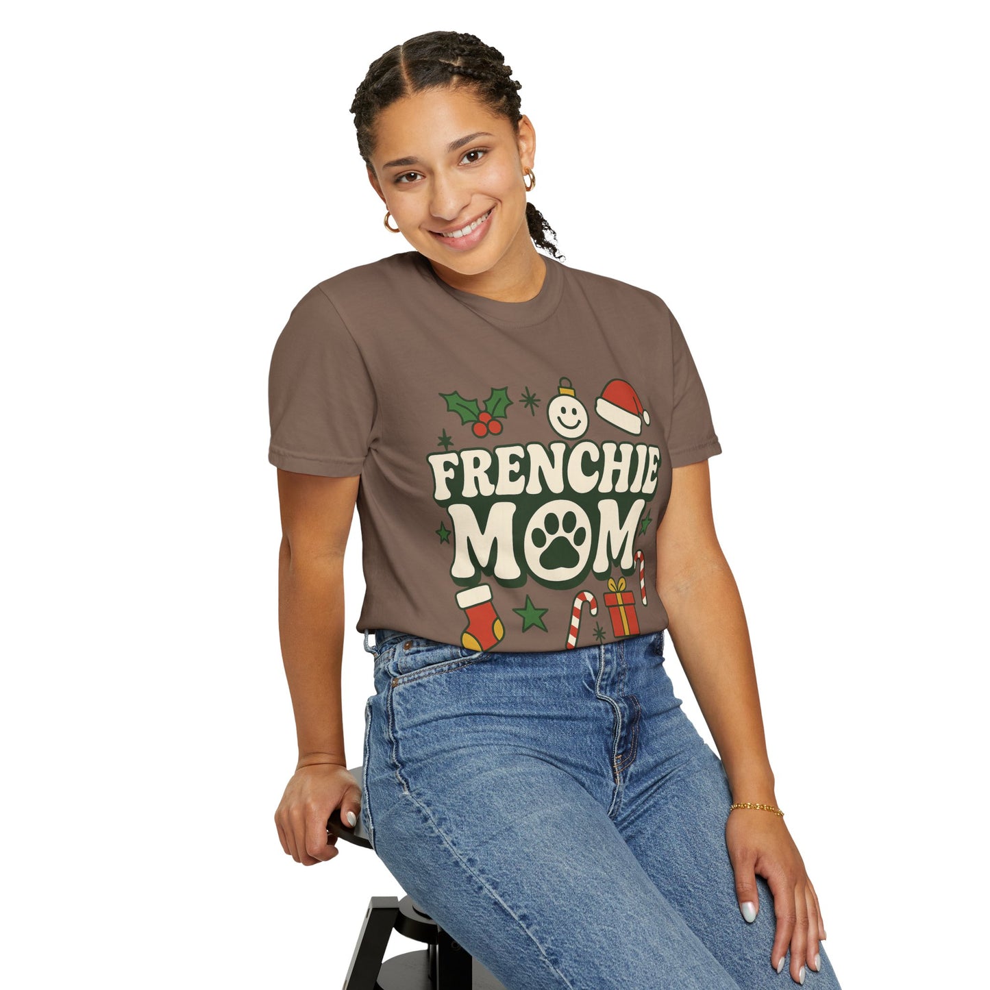Merry Frenchie Mom T-Shirt | Christmas Dog Mom Tee | Festive French Bulldog Top | Cute Holiday Dog Lover Gift Shirt