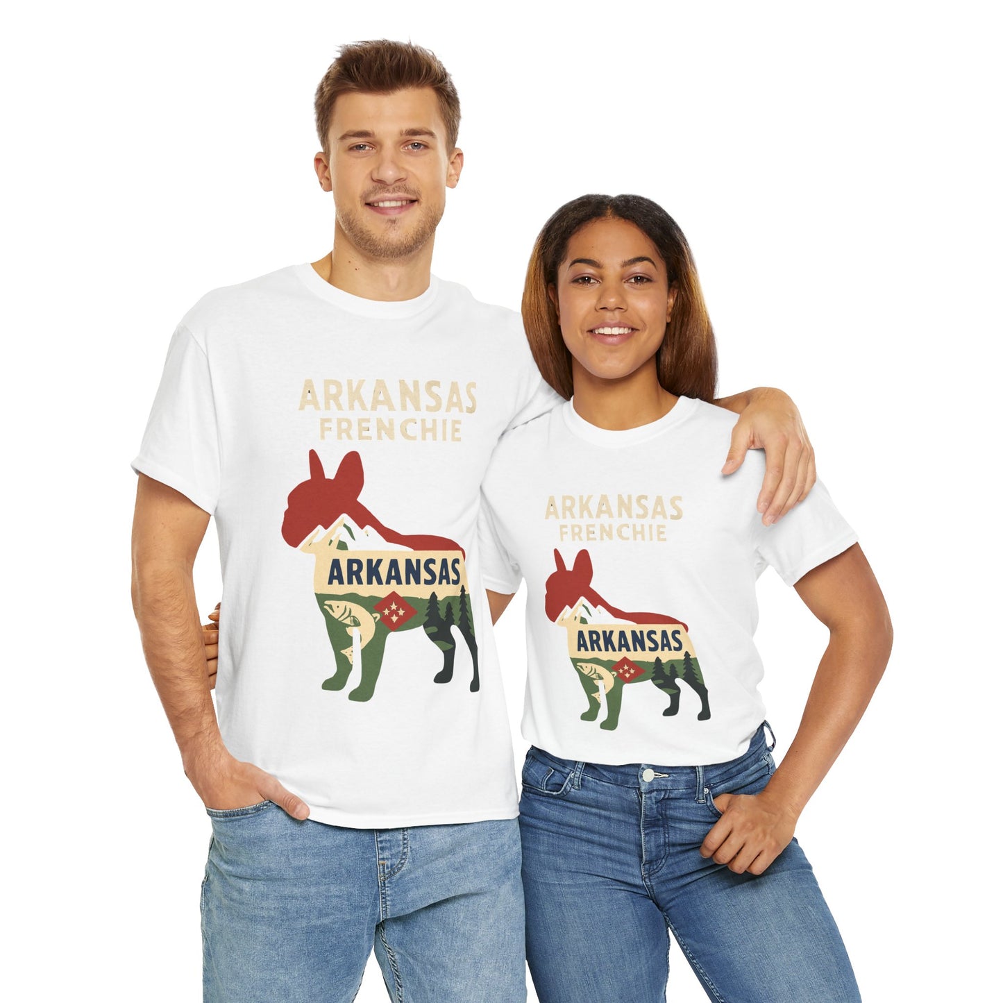Arkansas Frenchie T-Shirt – French Bulldog State Pride Tee, Retro Arkansas Dog Lover Shirt, Nature Hiking Frenchie Gift