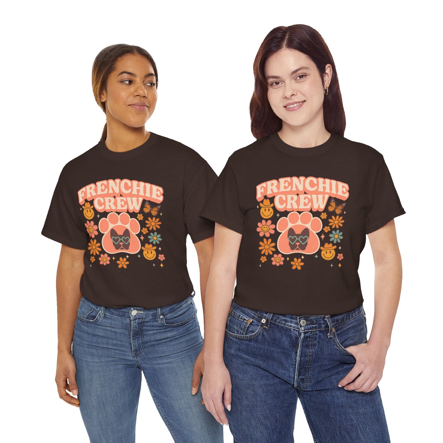 Frenchie Crew T-Shirt | Retro 70s Floral French Bulldog Tee | Groovy Dog Mom Shirt | Frenchie Lover Gift | Vintage Aesthetic Graphic Tee