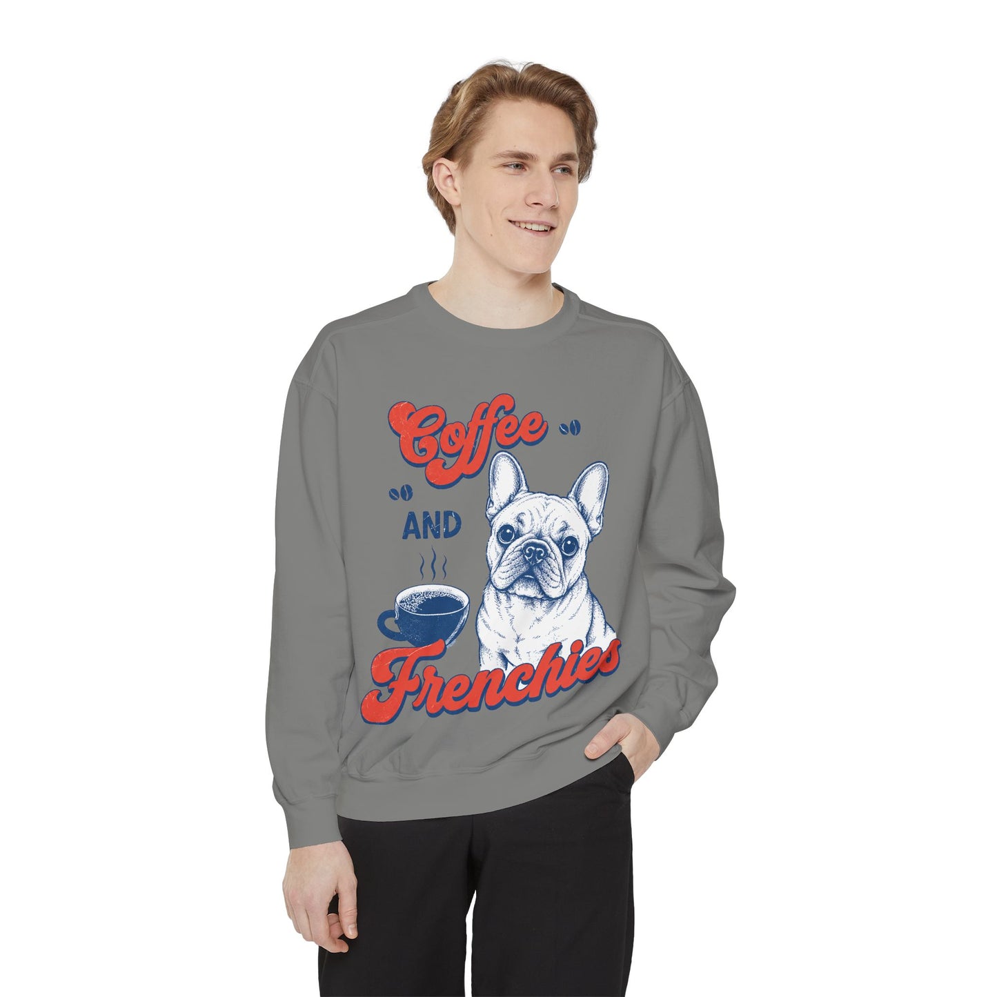 Coffee and Frenchies Sweatshirt, French Bulldog Coffee Crewneck, Frenchie Lover Pullover, Dog Mom Sweatshirt, Coffee Lover Gift, Cozy French Bulldog Sweatshirt