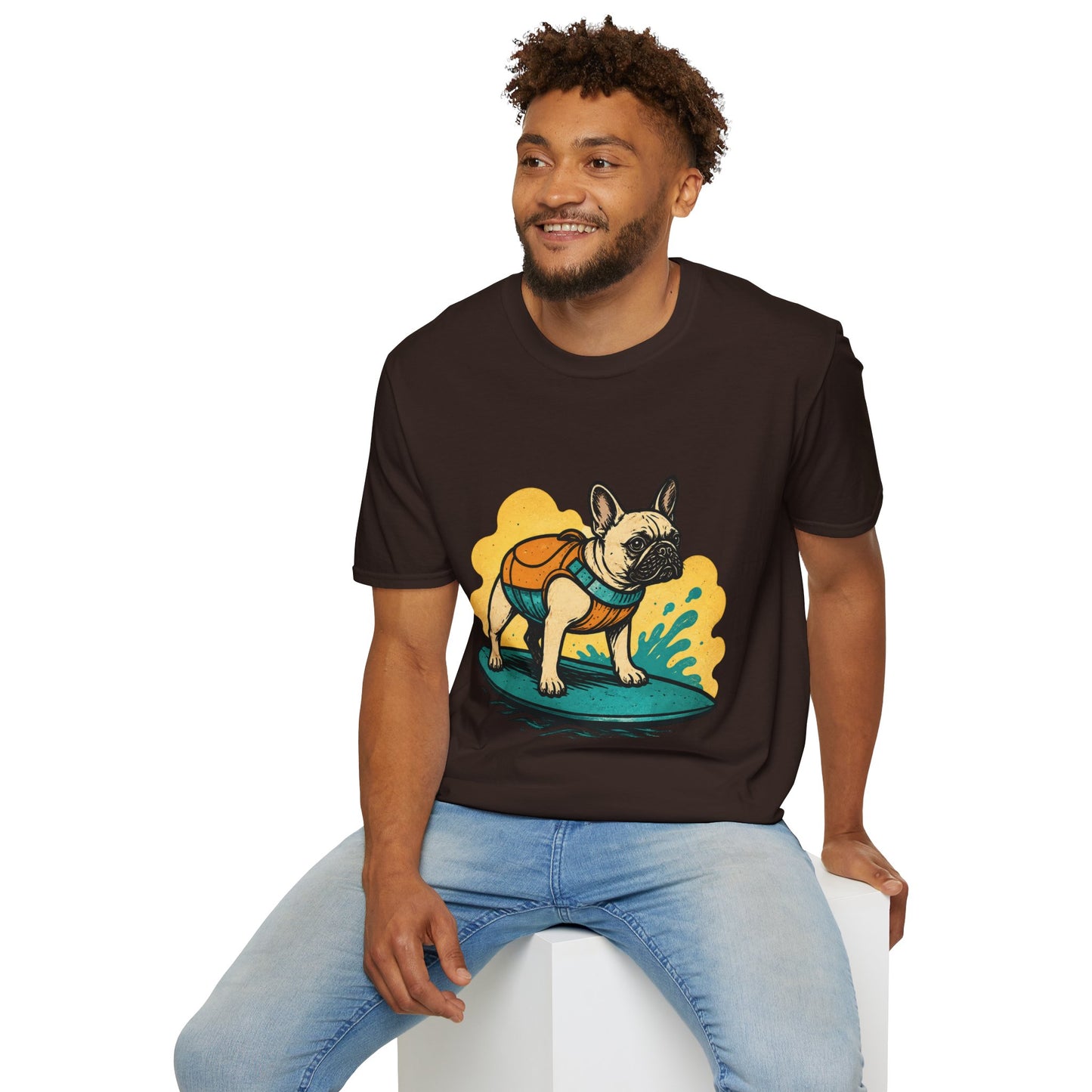 French Bulldog Surf T‑Shirt — Cute Dog with Backpack Beach Tee