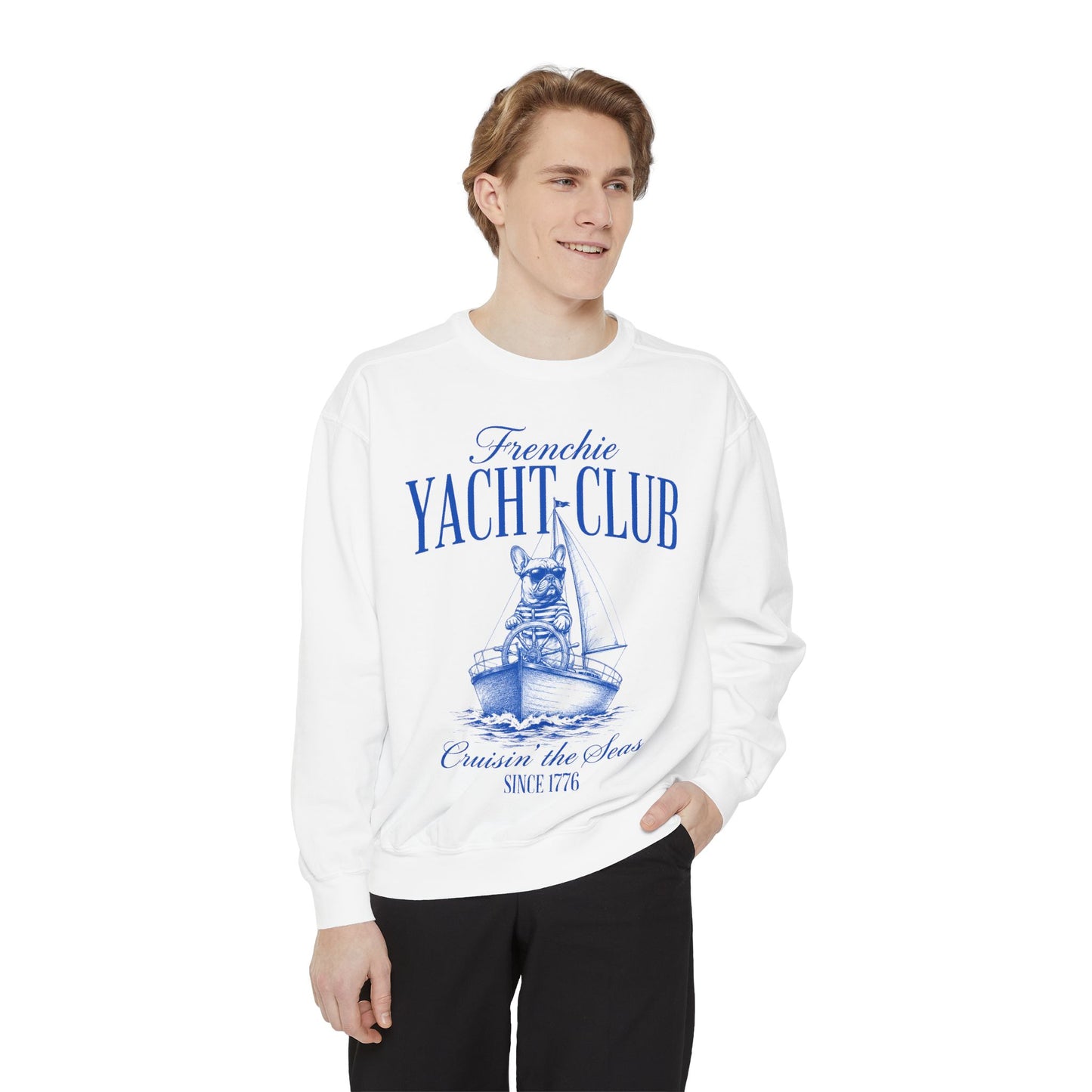 Frenchie Yacht Club Sweatshirt, French Bulldog Nautical Crewneck, Coastal Dog Lover Sweatshirt, Sailing Frenchie Pullover, Beach Club French Bulldog Gift, Preppy Yacht Club Sweatshirt