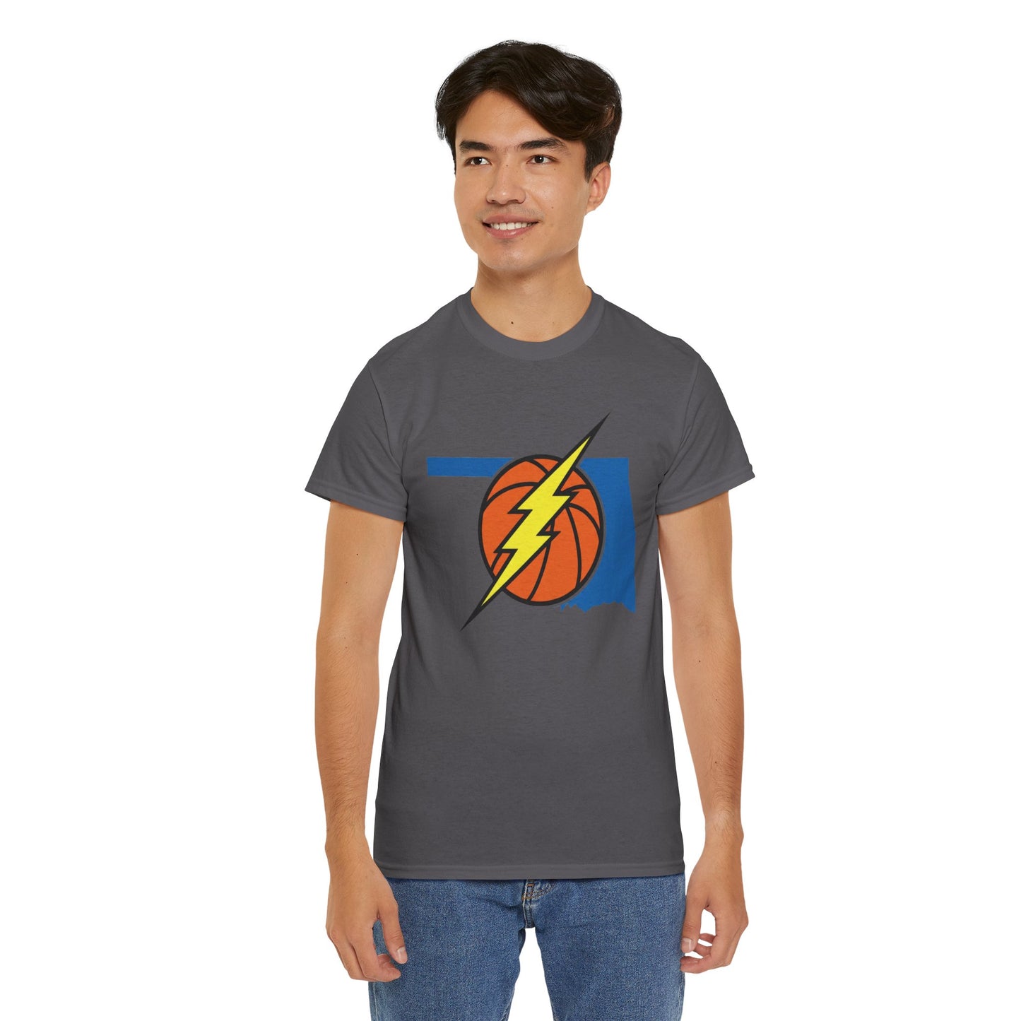 Oklahoma Lightning Basketball T-Shirt | OKC Basketball Inspired Shirt | Blue & Orange Game Day Tee | Oklahoma State Outline Graphic