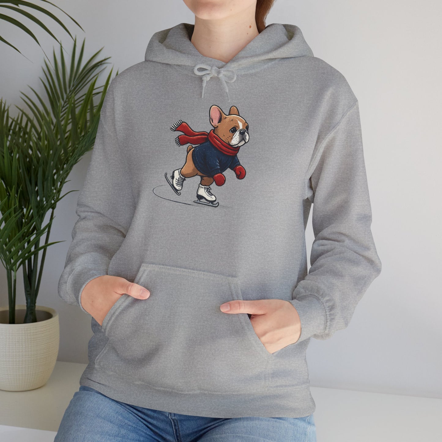 Ice Skating Frenchie Hoodie – Cute Winter French Bulldog Sweatshirt, Holiday Dog Lover Gift, Cozy Skating Pup Hoodie, Frenchie Christmas Hoodie
