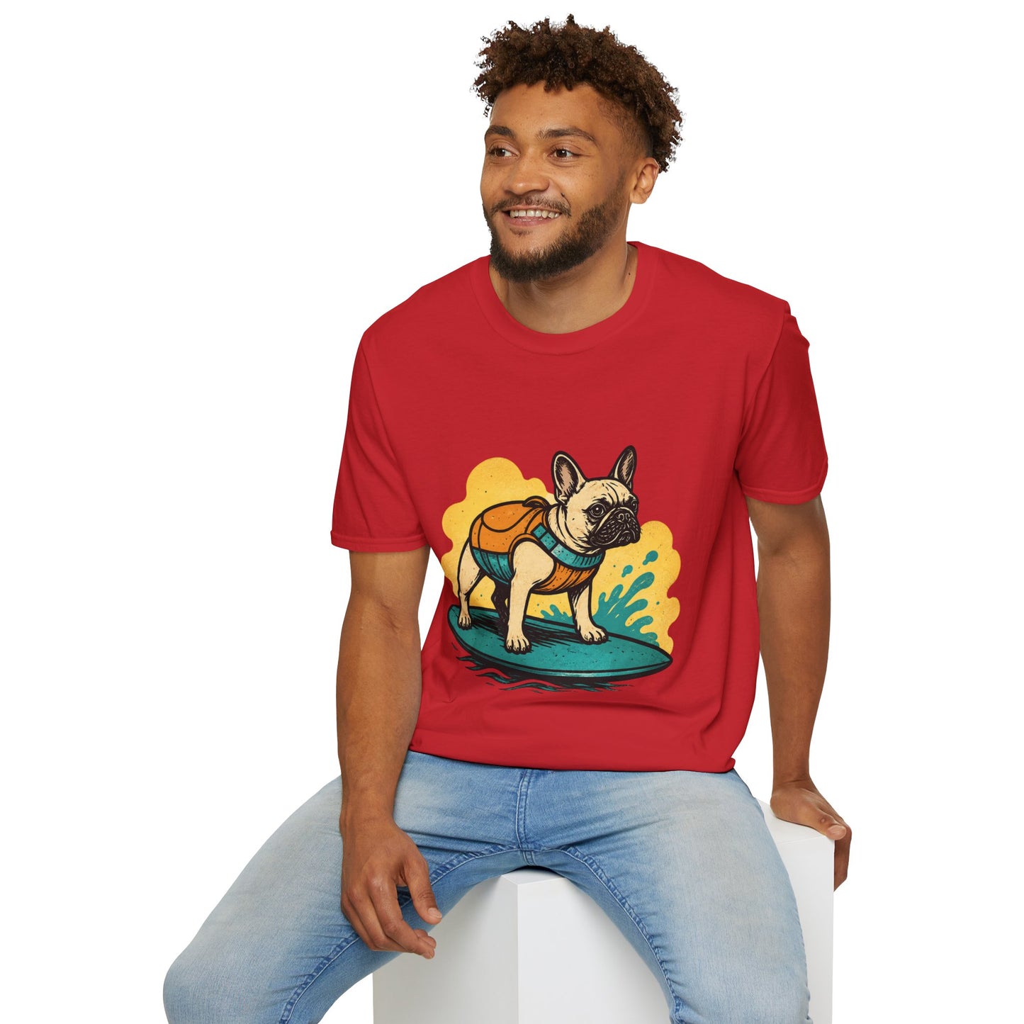 French Bulldog Surf T‑Shirt — Cute Dog with Backpack Beach Tee