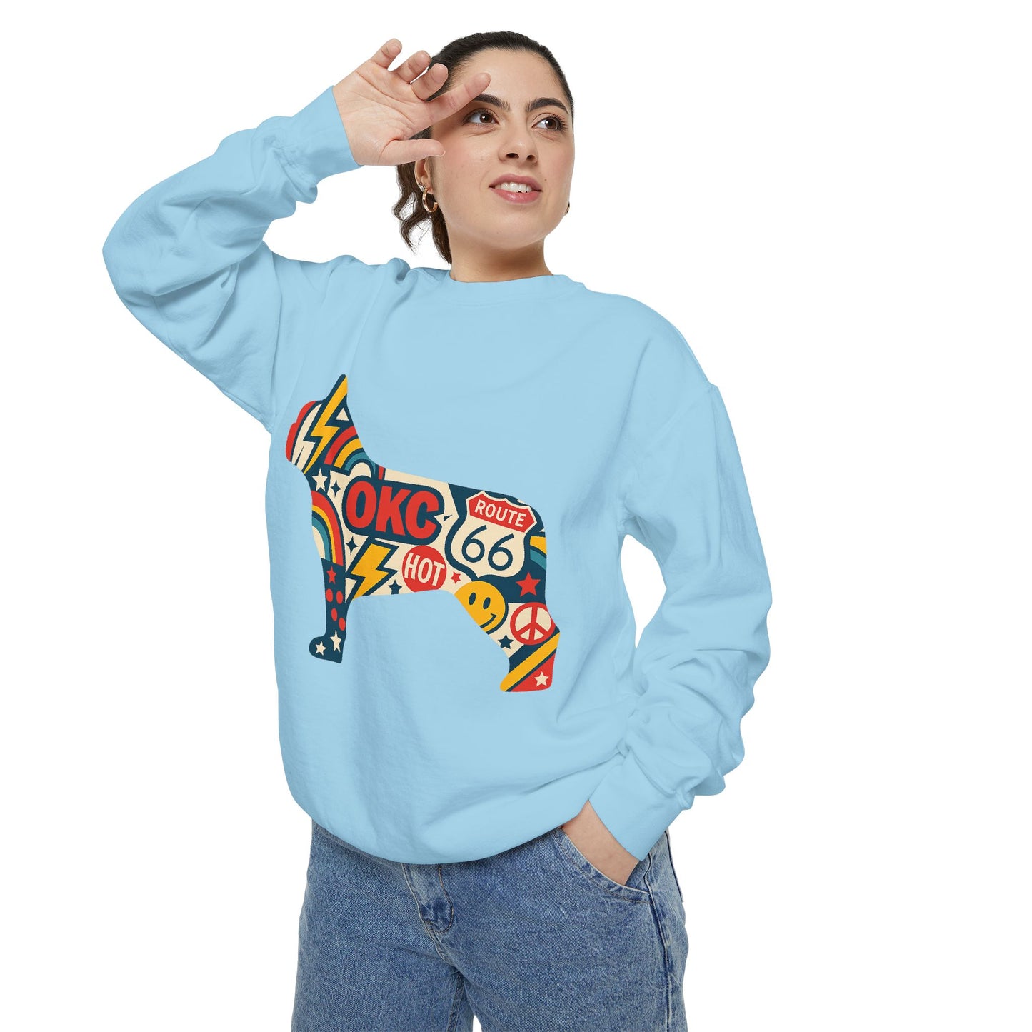 OKC Frenchie Route 66 Sweatshirt | Retro Oklahoma Pullover | Blue Orange Dog Lover Crewneck