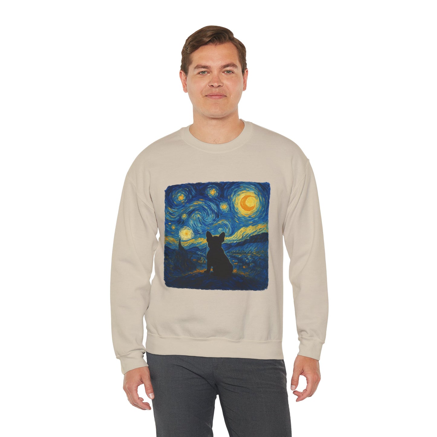 Starry Night Frenchie Sweatshirt – Van Gogh Inspired French Bulldog Art Crewneck, Cozy Dog Lover Gift, Retro Frenchie Sweater