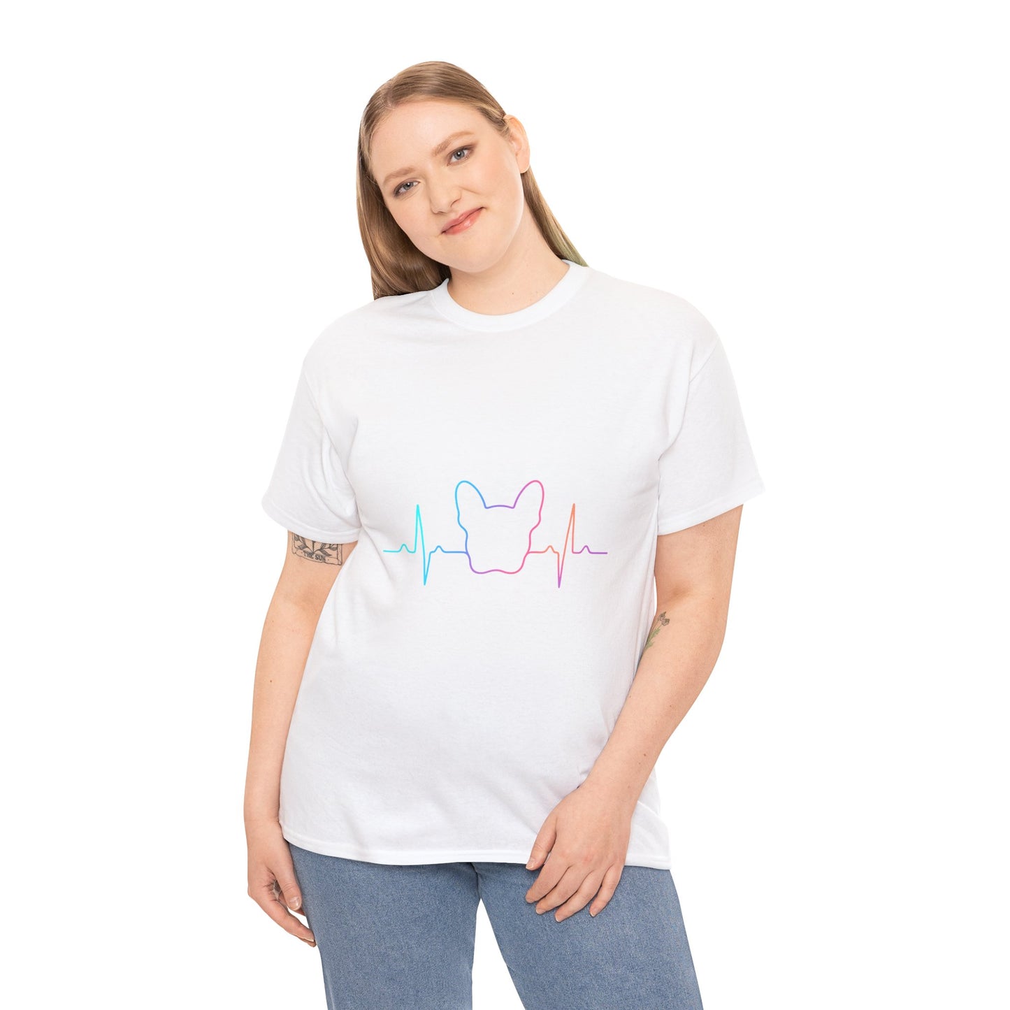 Rainbow Frenchie Heartbeat T-Shirt – Minimalist French Bulldog Line Art Tee, Neon Dog Lover Gift, Pet Mom or Dad Shirt