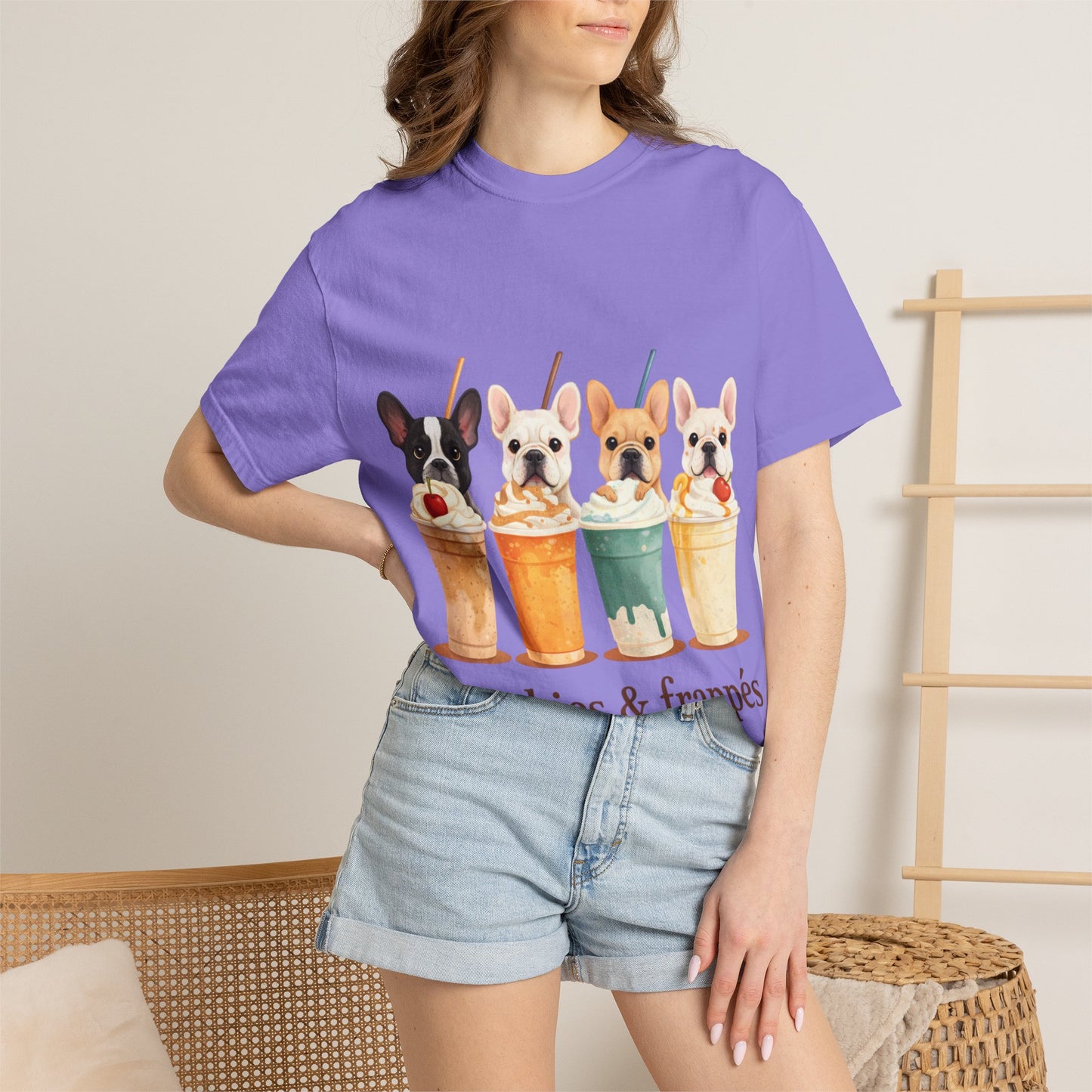 Frenchies & Frappés Shirt, French Bulldog Coffee Shirt, Cute Frenchie Café Tee, Coffee Lover Dog Shirt, Dog Mom Gift, French Bulldog Graphic Tee