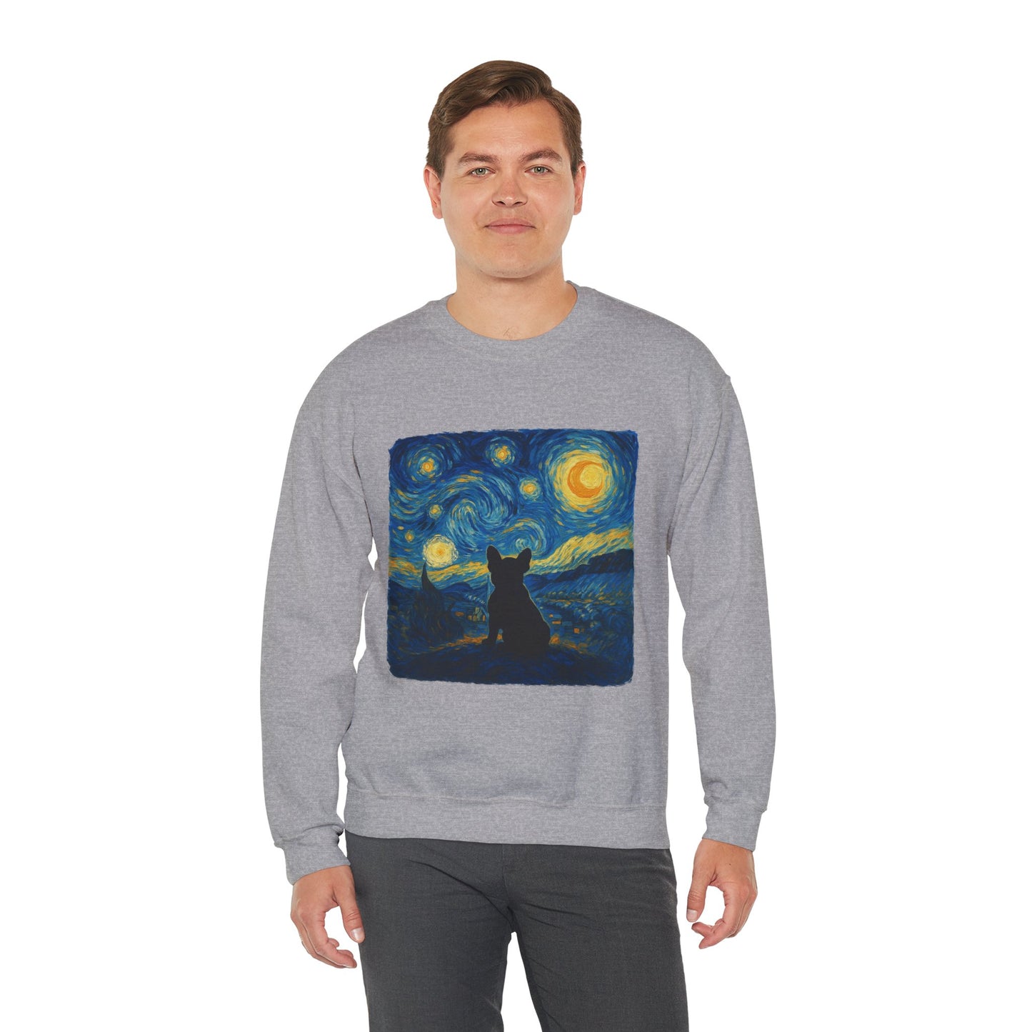 Starry Night Frenchie Sweatshirt – Van Gogh Inspired French Bulldog Art Crewneck, Cozy Dog Lover Gift, Retro Frenchie Sweater