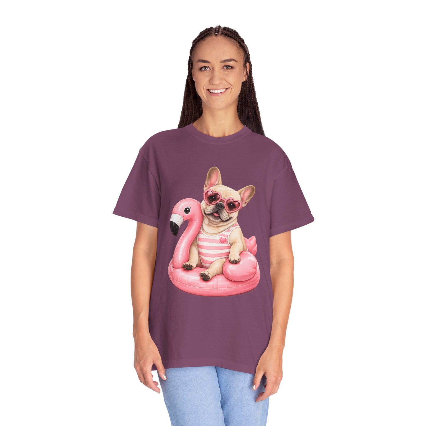 French Bulldog on Pink Flamingo Float T-Shirt — Cute Summer Dog Tee