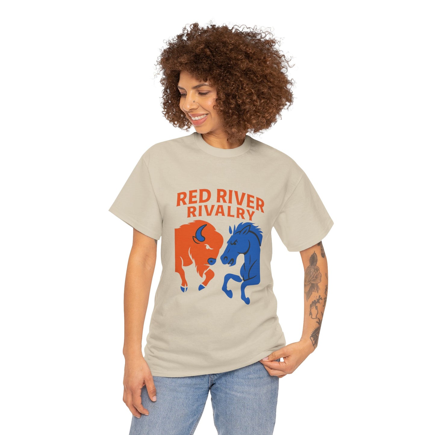 Red River Rivalry T-Shirt – Oklahoma vs Texas-Inspired Tee, Bison and Mustang Game Day Shirt, Blue and Orange Sports Rivalry Graphic