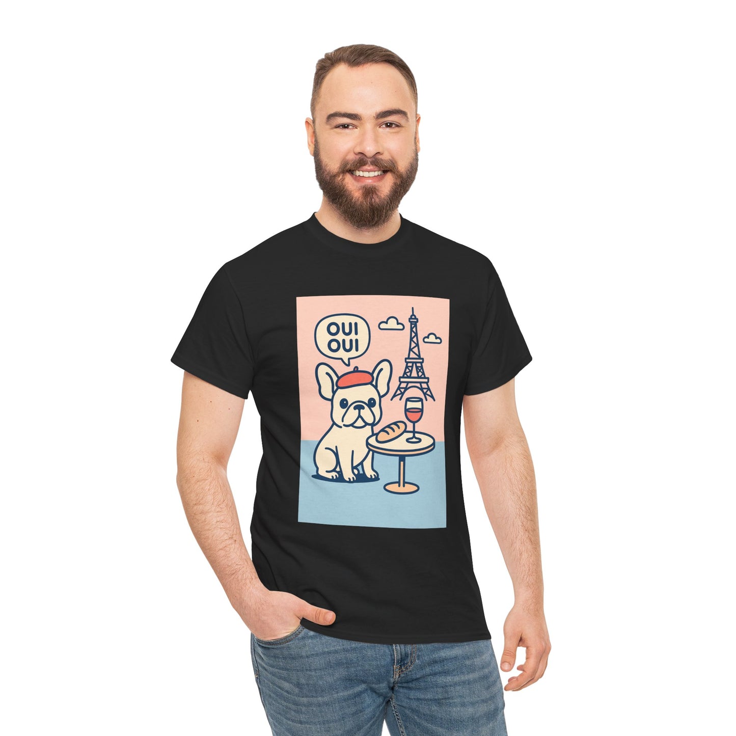 Oui Oui Frenchie Paris T-Shirt – Cute French Bulldog Café Tee, Paris Dog Lover Shirt, Beret & Baguette Graphic, French Bulldog Gift for Women & Men