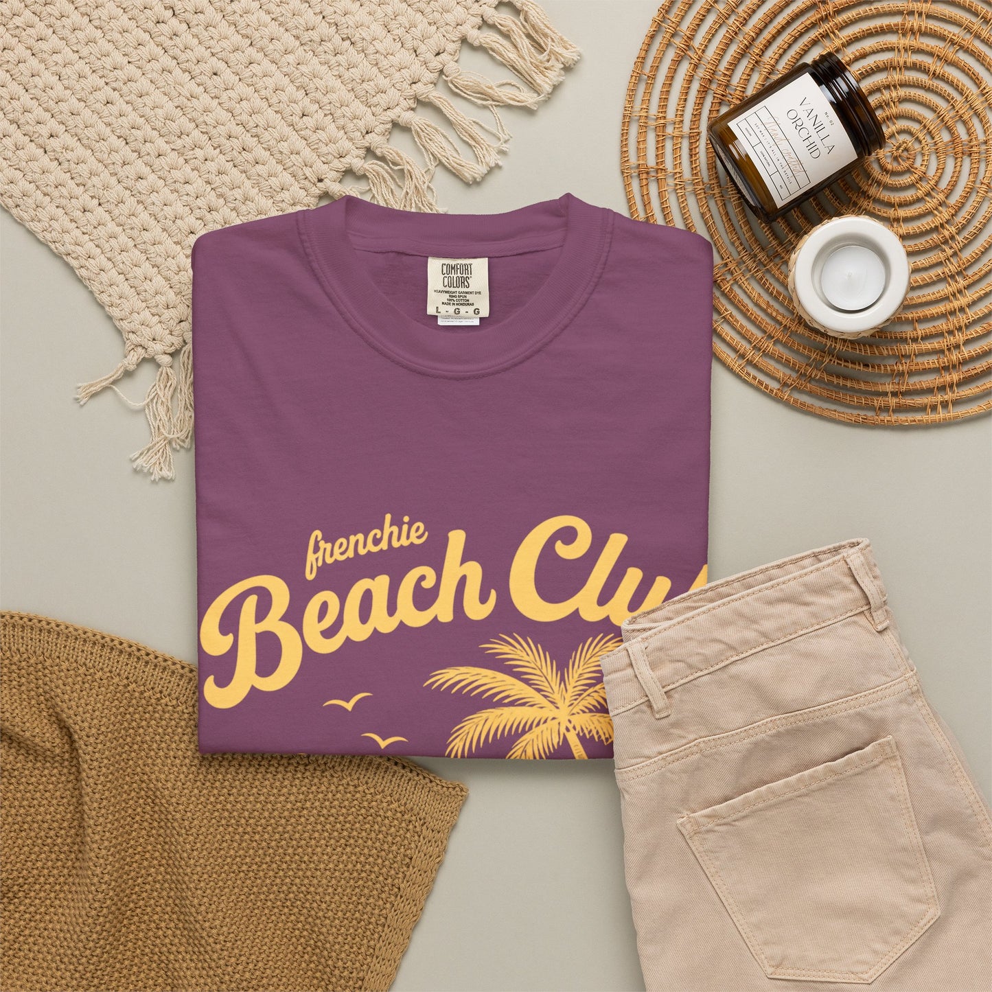 Frenchie Beach Club T-Shirt — Cute French Bulldog Surfing Palm Beach Tee